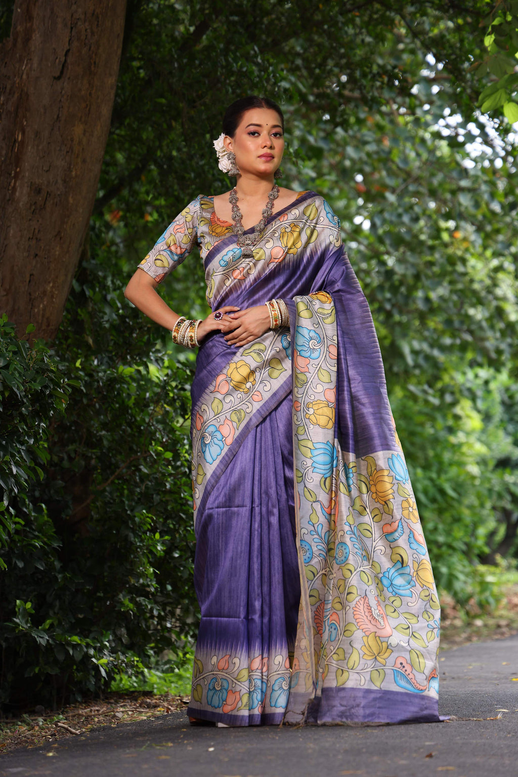 Jyoti Fashion Women's Purple Soft Tussar Silk Kalamkari Printed Designer Saree with Blouse