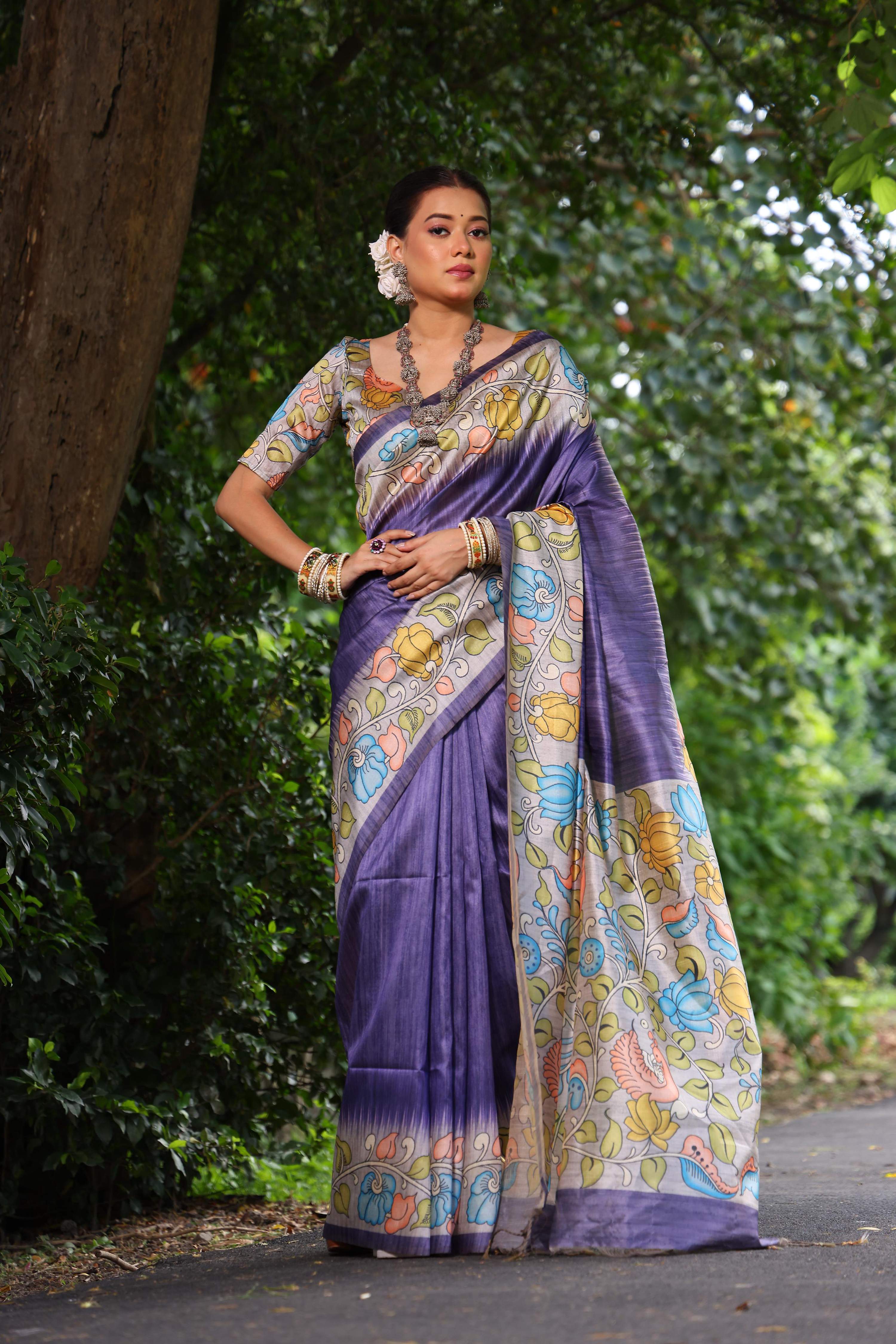 Jyoti Fashion Women's Purple Soft Tussar Silk Kalamkari Printed Designer Saree with Blouse
