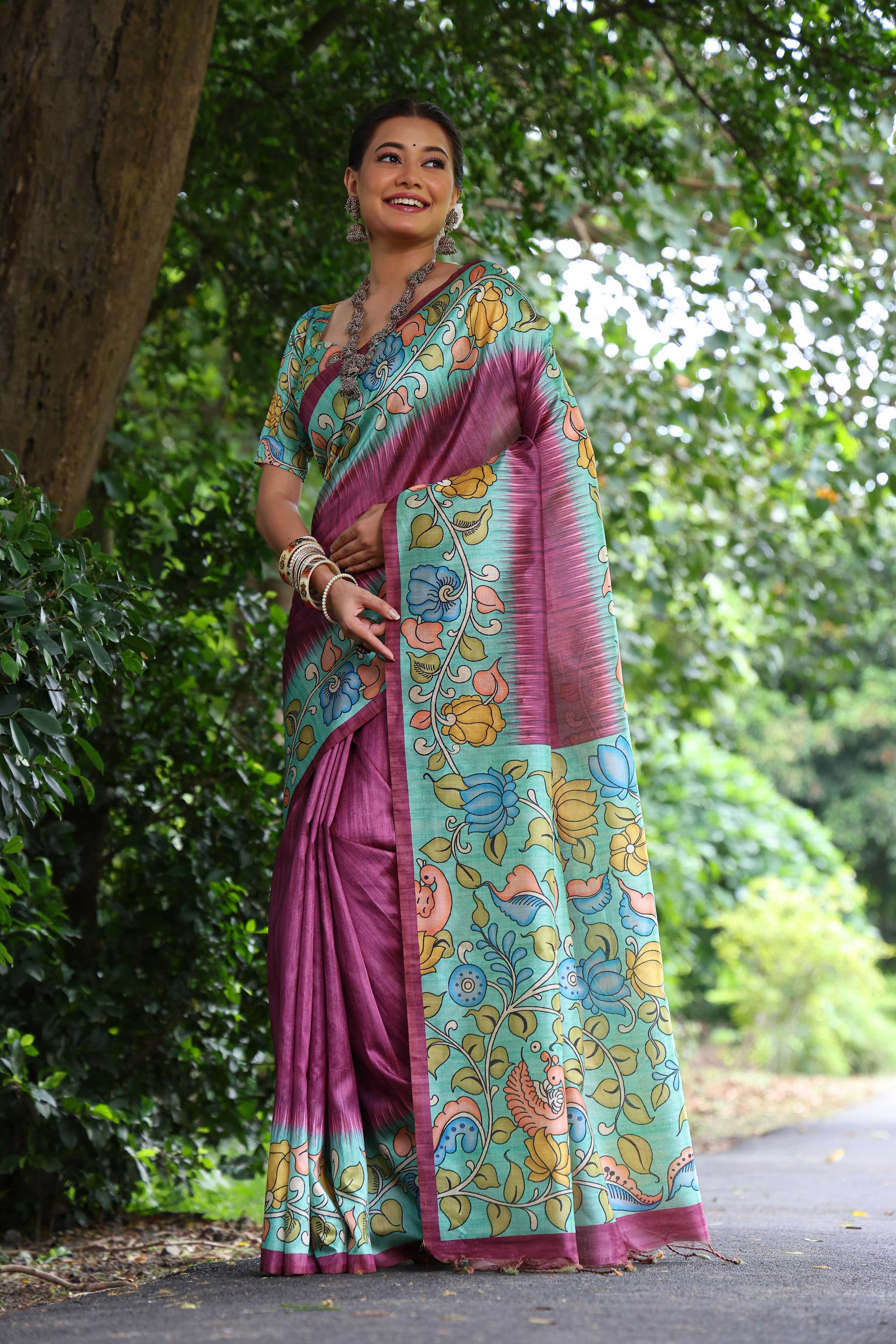 Jyoti Fashion Women's Wine Soft Tussar Silk Kalamkari Printed Designer Saree with Blouse