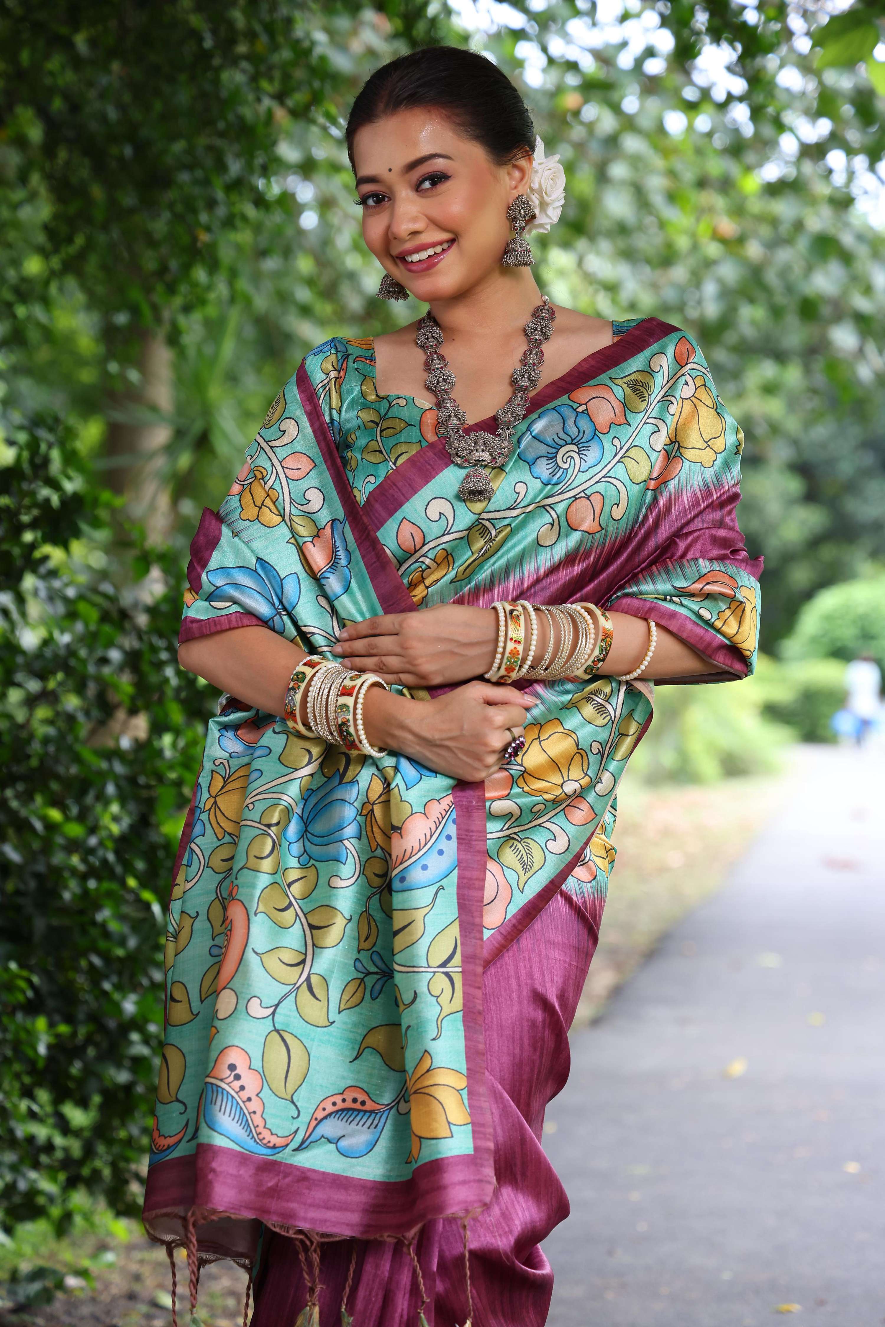 Jyoti Fashion Women's Wine Soft Tussar Silk Kalamkari Printed Designer Saree with Blouse