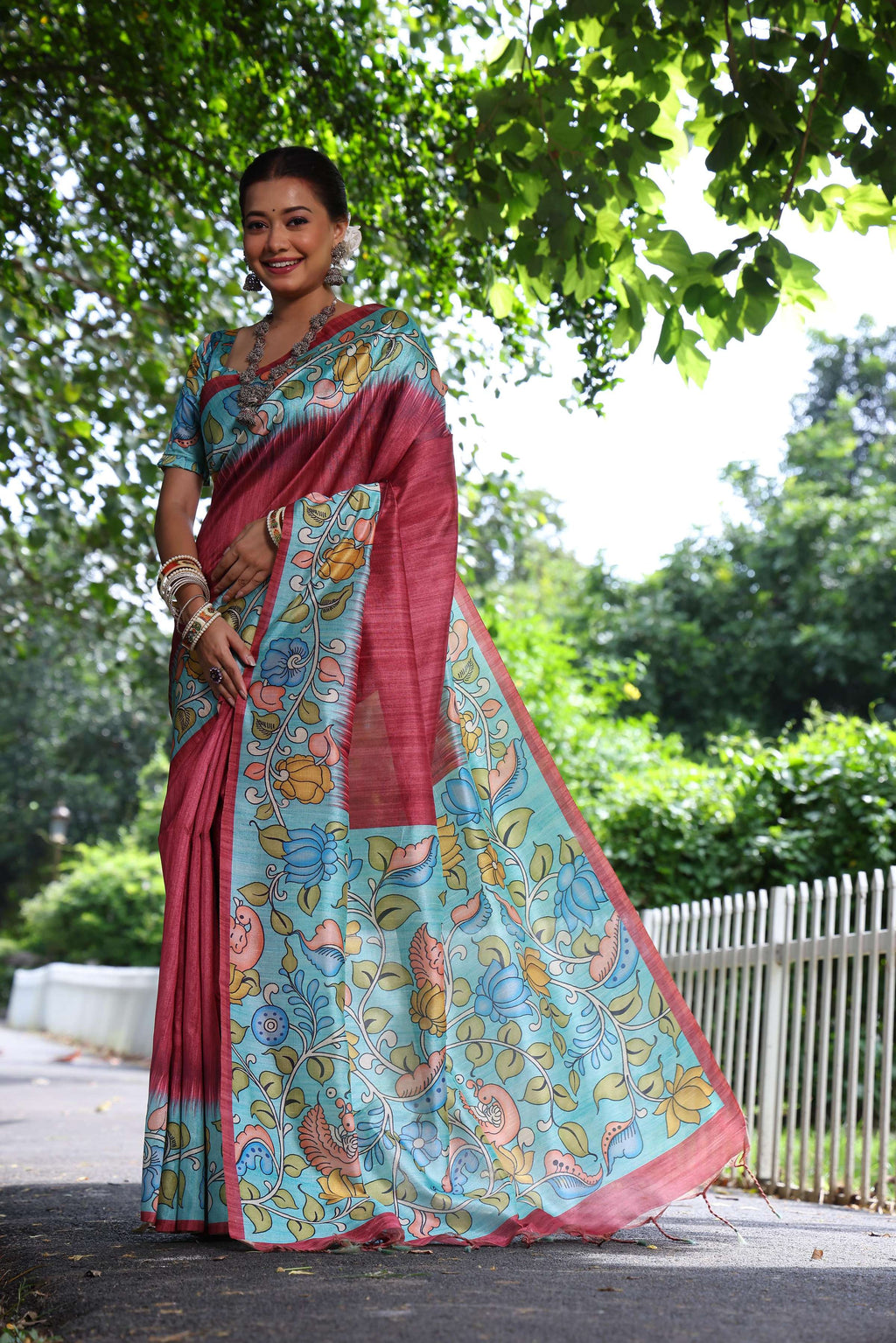 Jyoti Fashion Women's Maroon Soft Tussar Silk Kalamkari Printed Designer Saree with Blouse