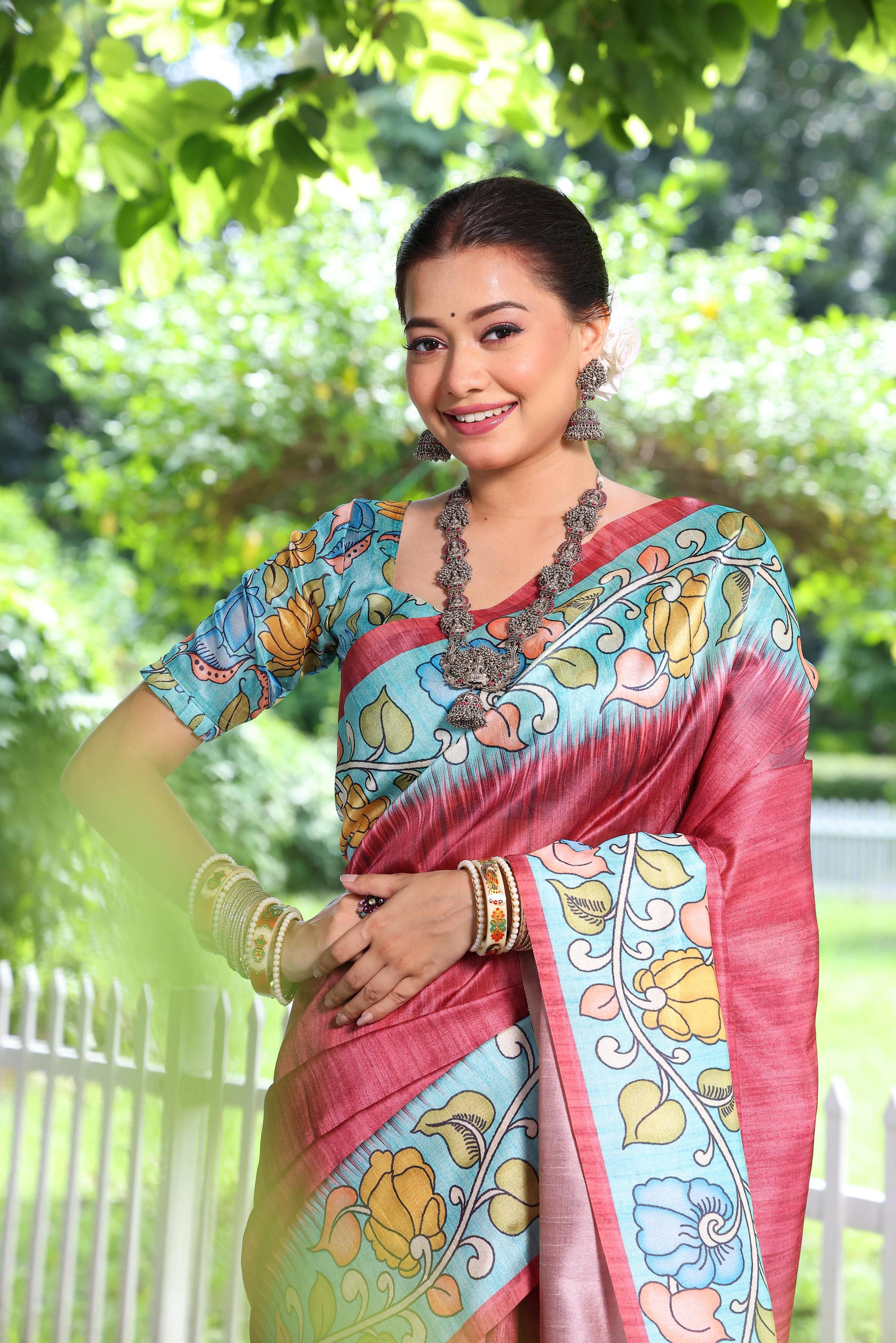 Jyoti Fashion Women's Maroon Soft Tussar Silk Kalamkari Printed Designer Saree with Blouse