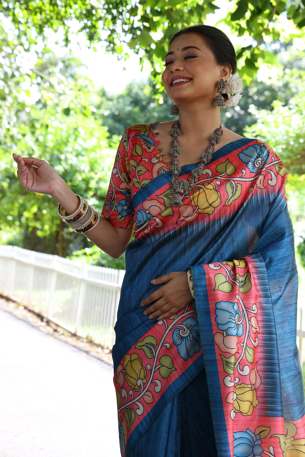 Jyoti Fashion Women's Blue Soft Tussar Silk Kalamkari Printed Designer Saree with Blouse