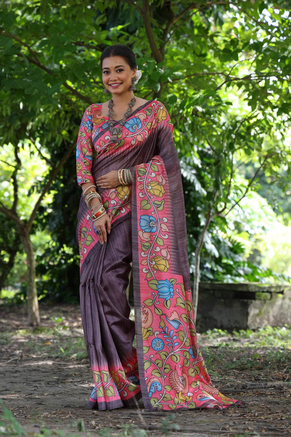 Jyoti Fashion Women's Black Soft Tussar Silk Kalamkari Printed Designer Saree with Blouse