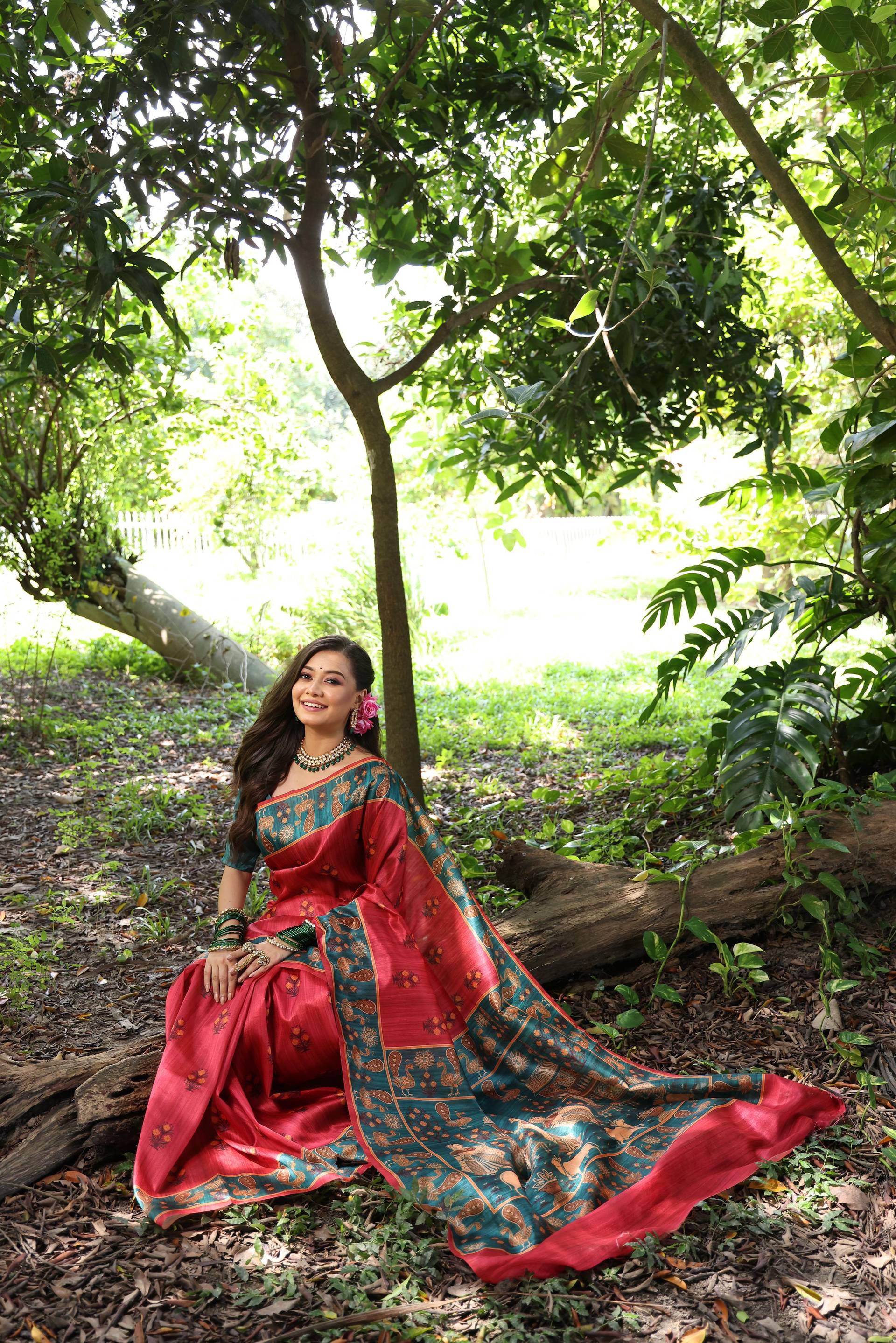 Jyoti Fashion Women's Black Soft Tussar Silk Peacock Printed Designer Saree with Blouse