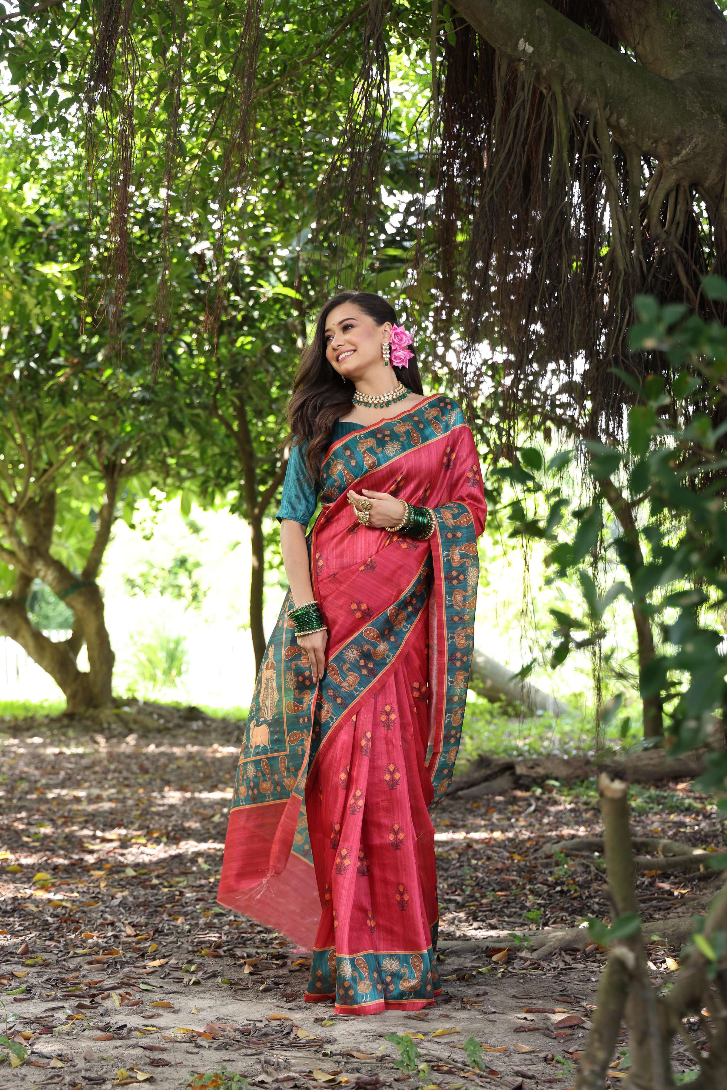 Jyoti Fashion Women's Black Soft Tussar Silk Peacock Printed Designer Saree with Blouse