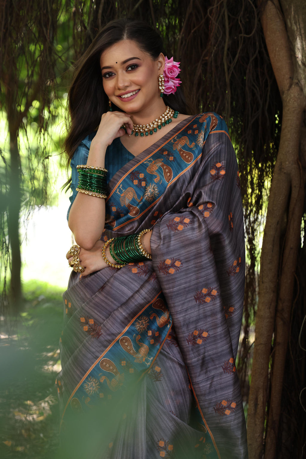 Jyoti Fashion Women's Gajri Red Soft Tussar Silk Peacock Printed Designer Saree with Blouse