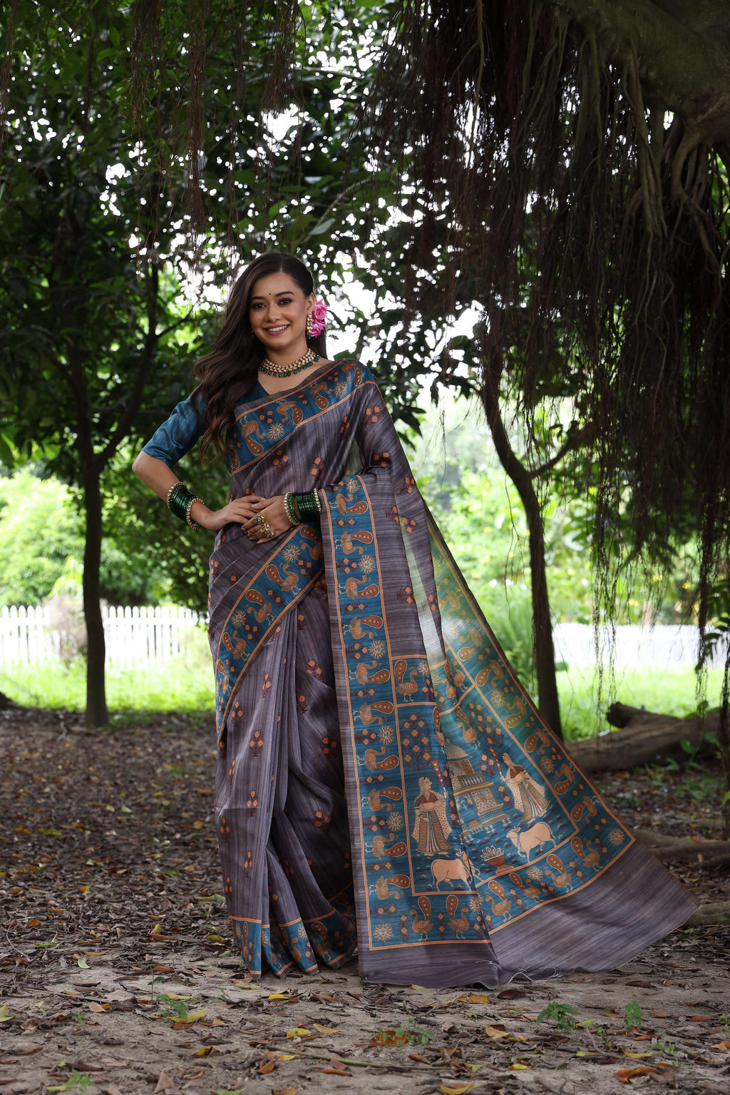 Jyoti Fashion Women's Gajri Red Soft Tussar Silk Peacock Printed Designer Saree with Blouse