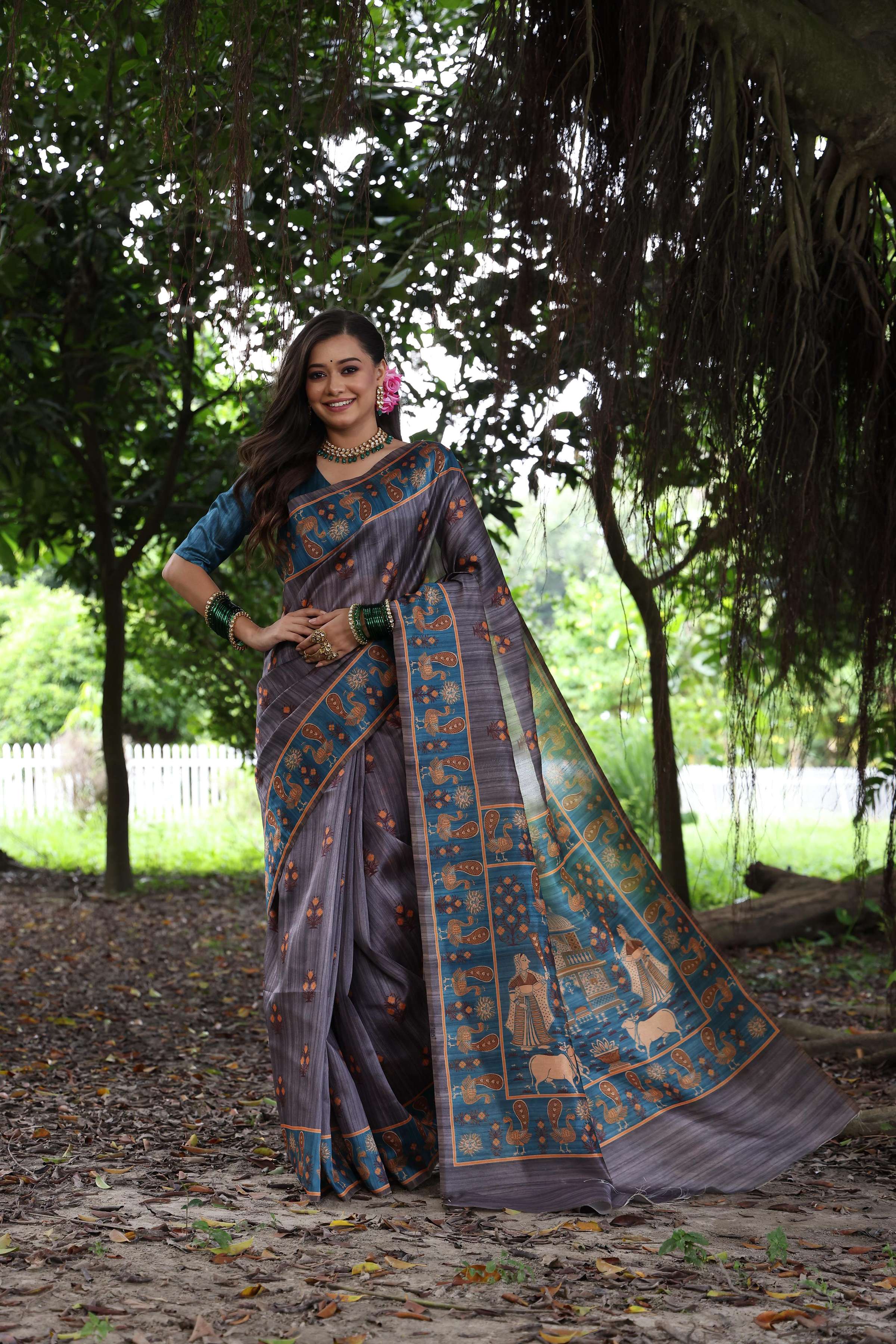 Jyoti Fashion Women's Gajri Red Soft Tussar Silk Peacock Printed Designer Saree with Blouse