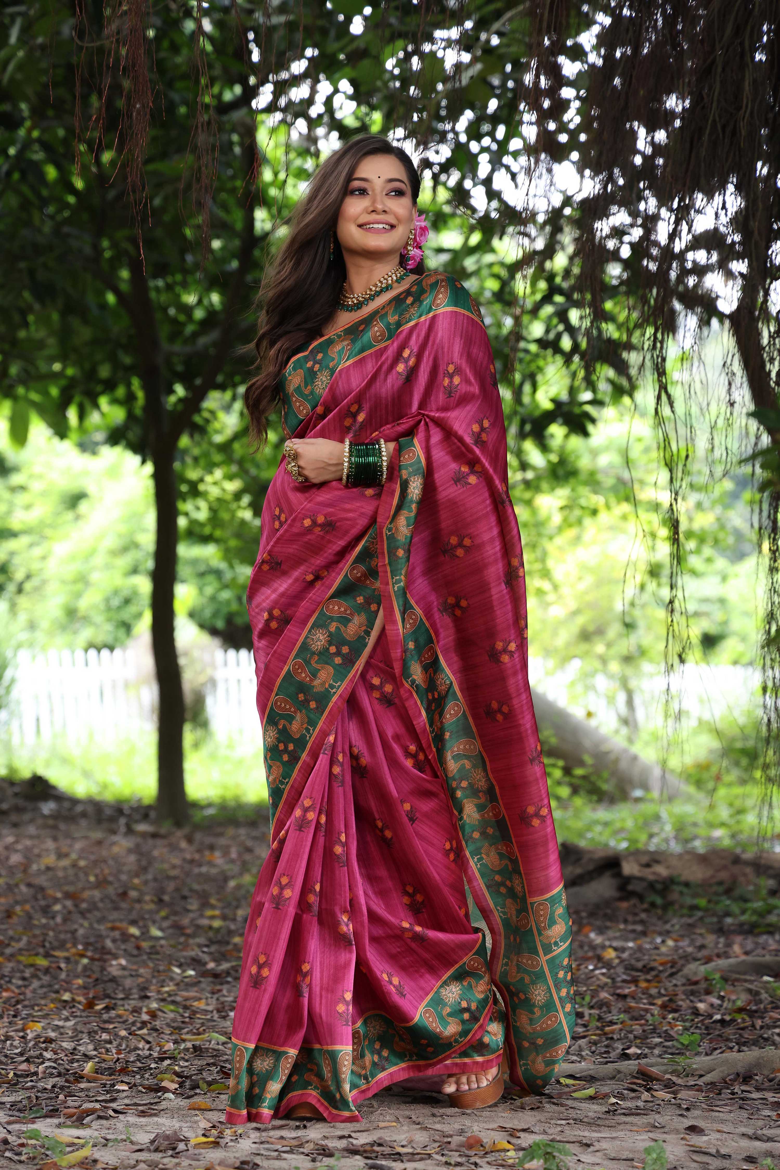 Jyoti Fashion Women's Grey Soft Tussar Silk Peacock Printed Designer Saree with Blouse
