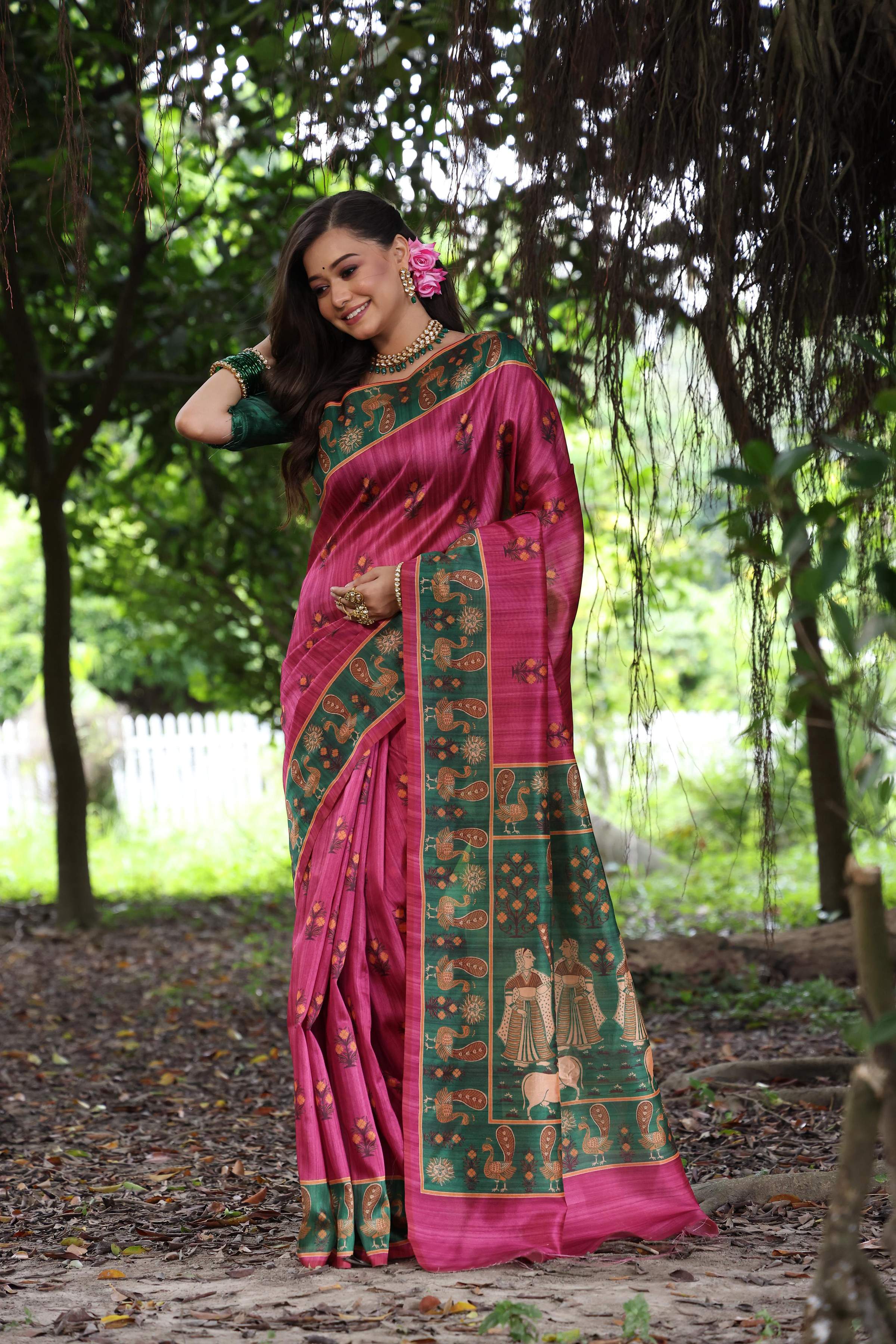 Jyoti Fashion Women's Grey Soft Tussar Silk Peacock Printed Designer Saree with Blouse