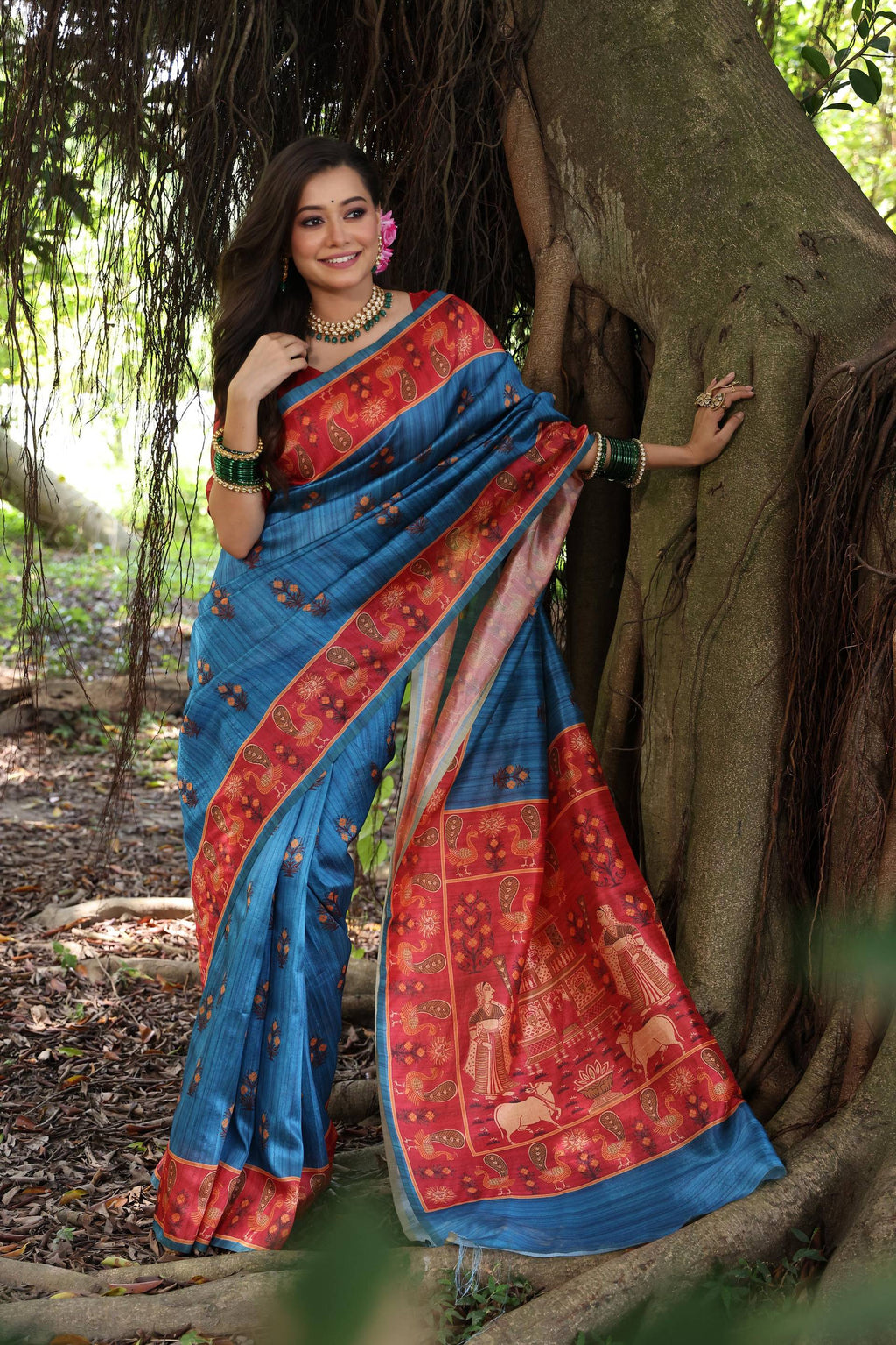 Jyoti Fashion Women's Wine Soft Tussar Silk Peacock Printed Designer Saree with Blouse