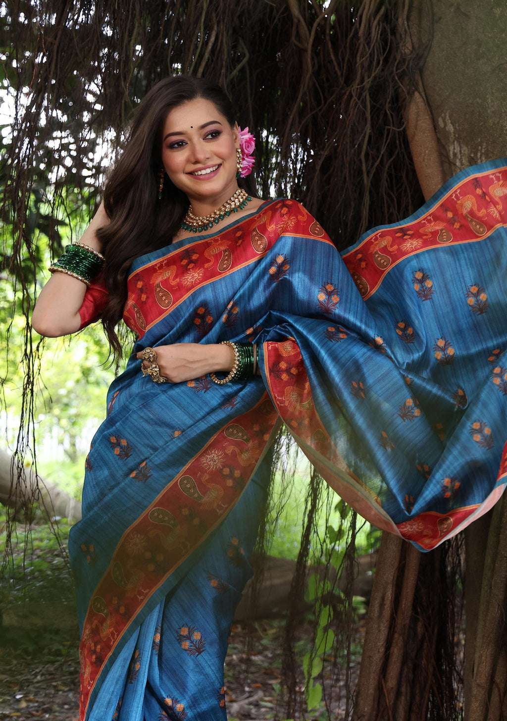 Jyoti Fashion Women's Wine Soft Tussar Silk Peacock Printed Designer Saree with Blouse