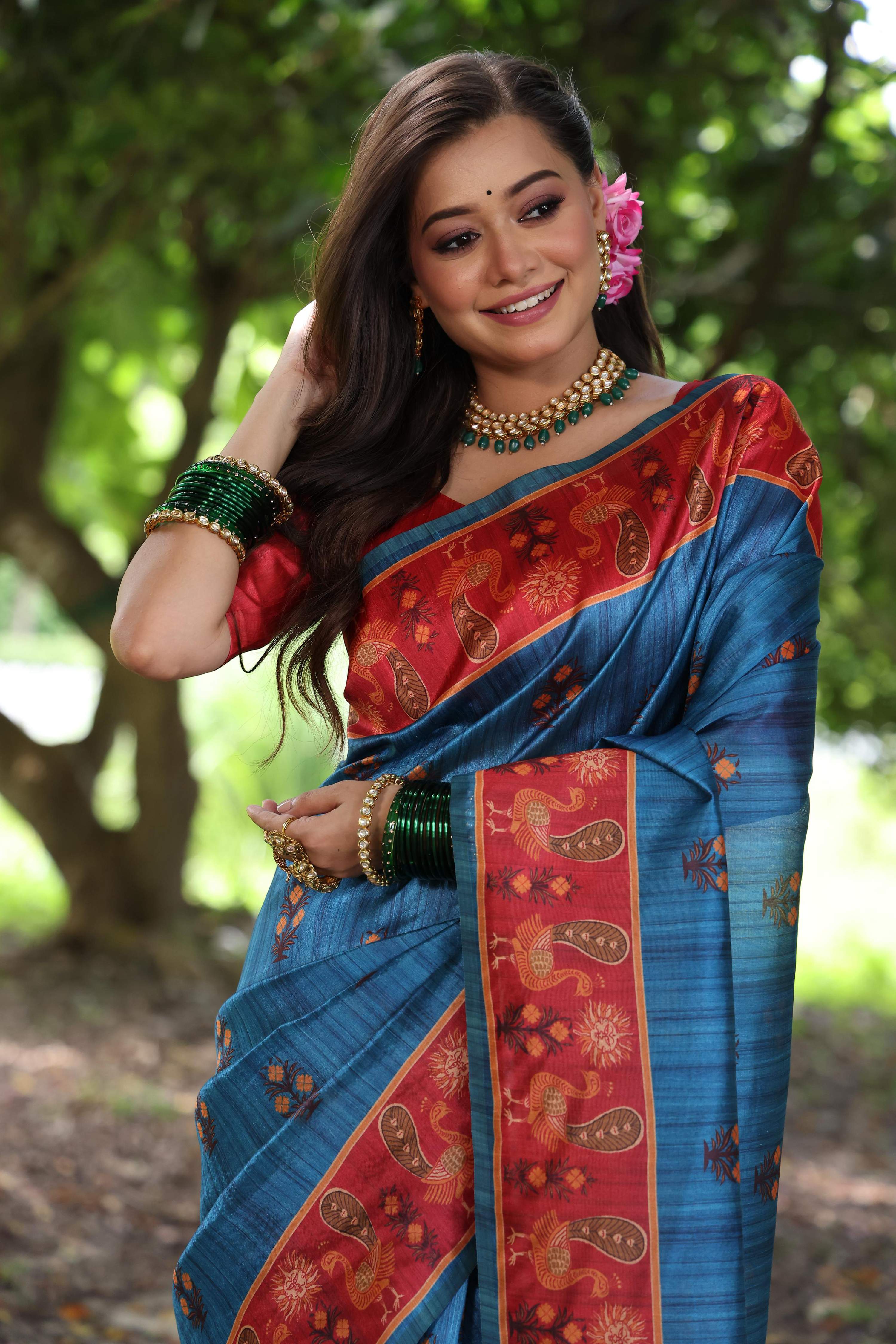 Jyoti Fashion Women's Wine Soft Tussar Silk Peacock Printed Designer Saree with Blouse