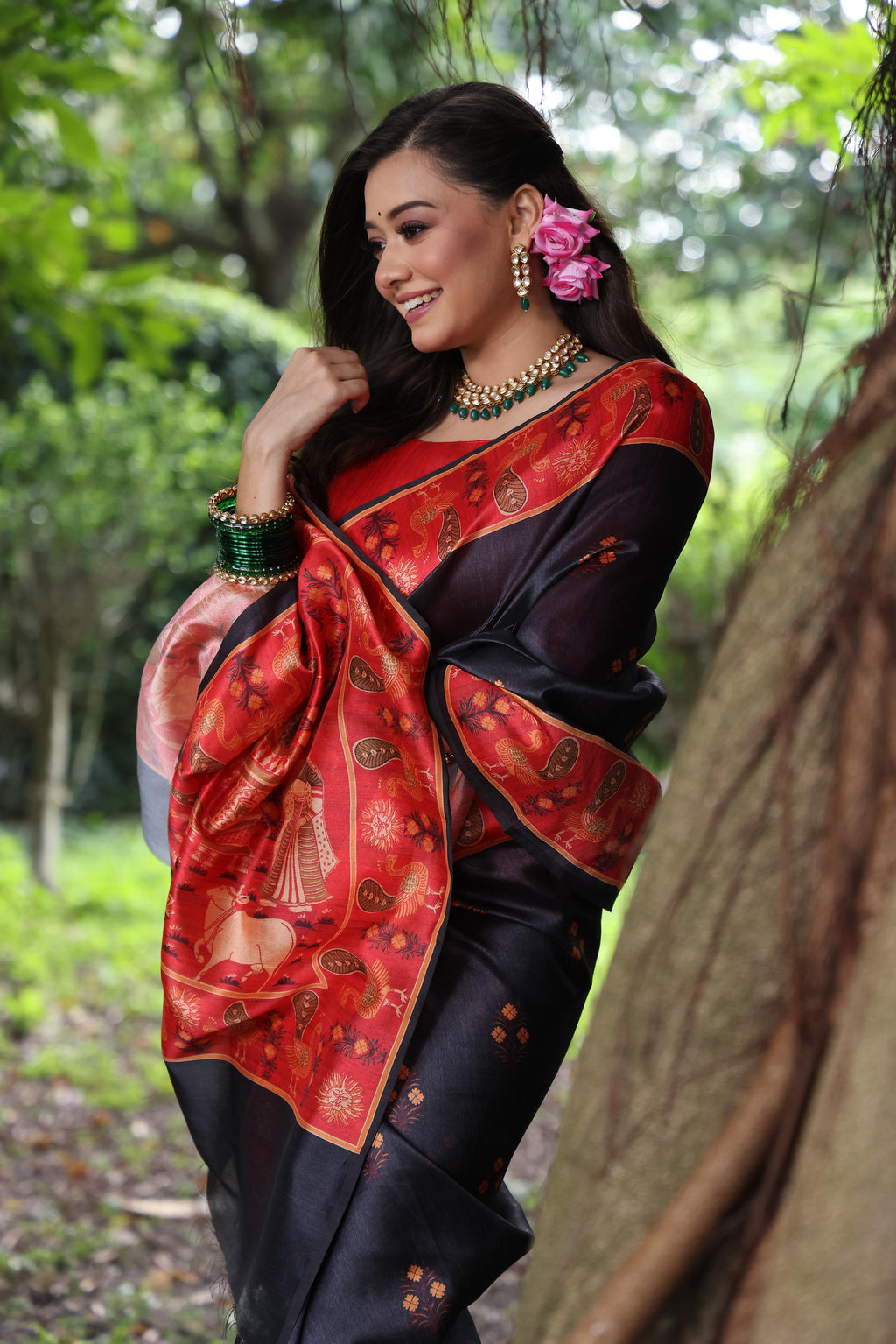 Jyoti Fashion Women's Blue Soft Tussar Silk Peacock Printed Designer Saree with Blouse