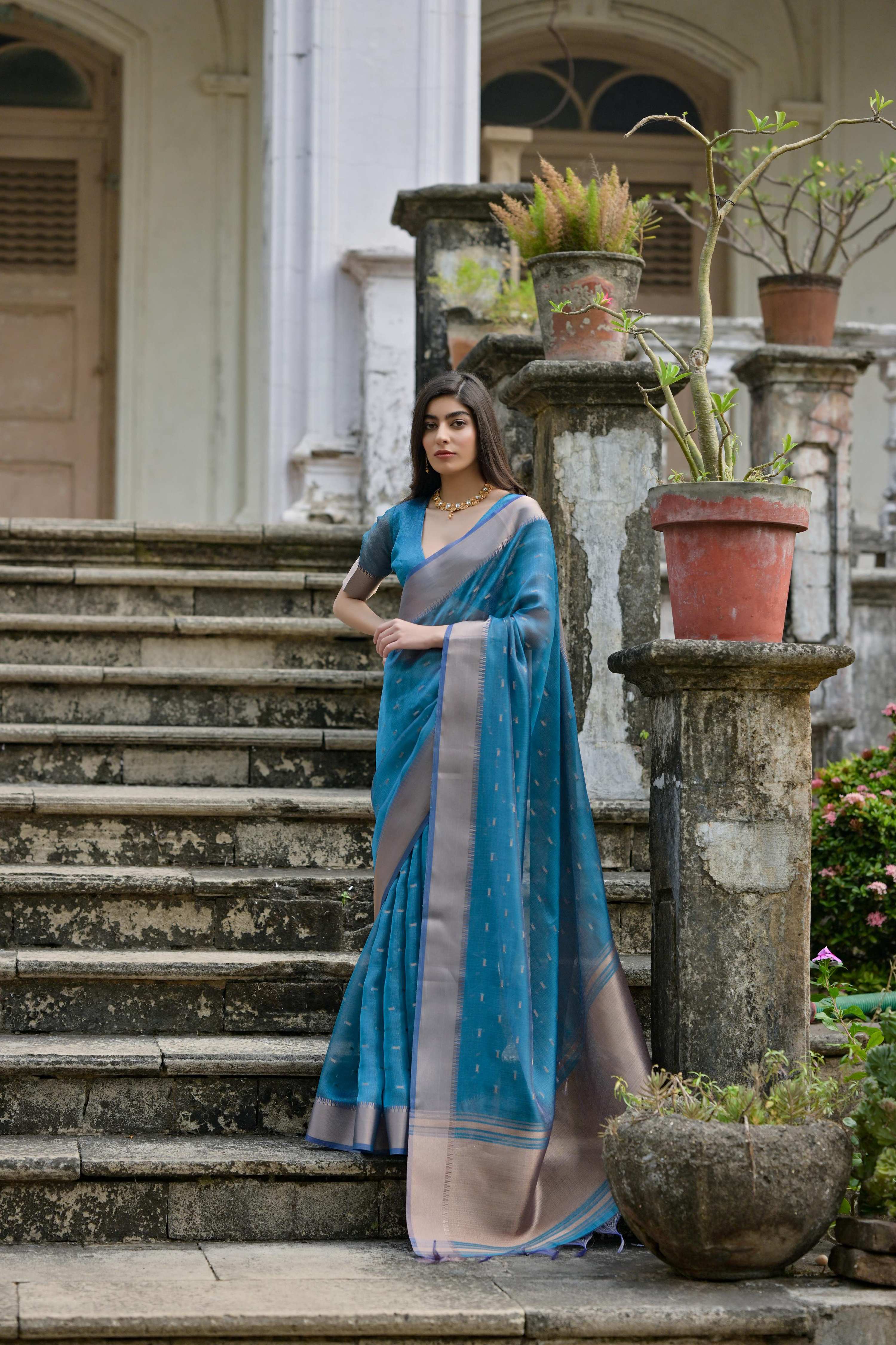 Jyoti Fashion Women's Firozi Soft Kalyani Silk Zari Woven Designer Saree with Blouse