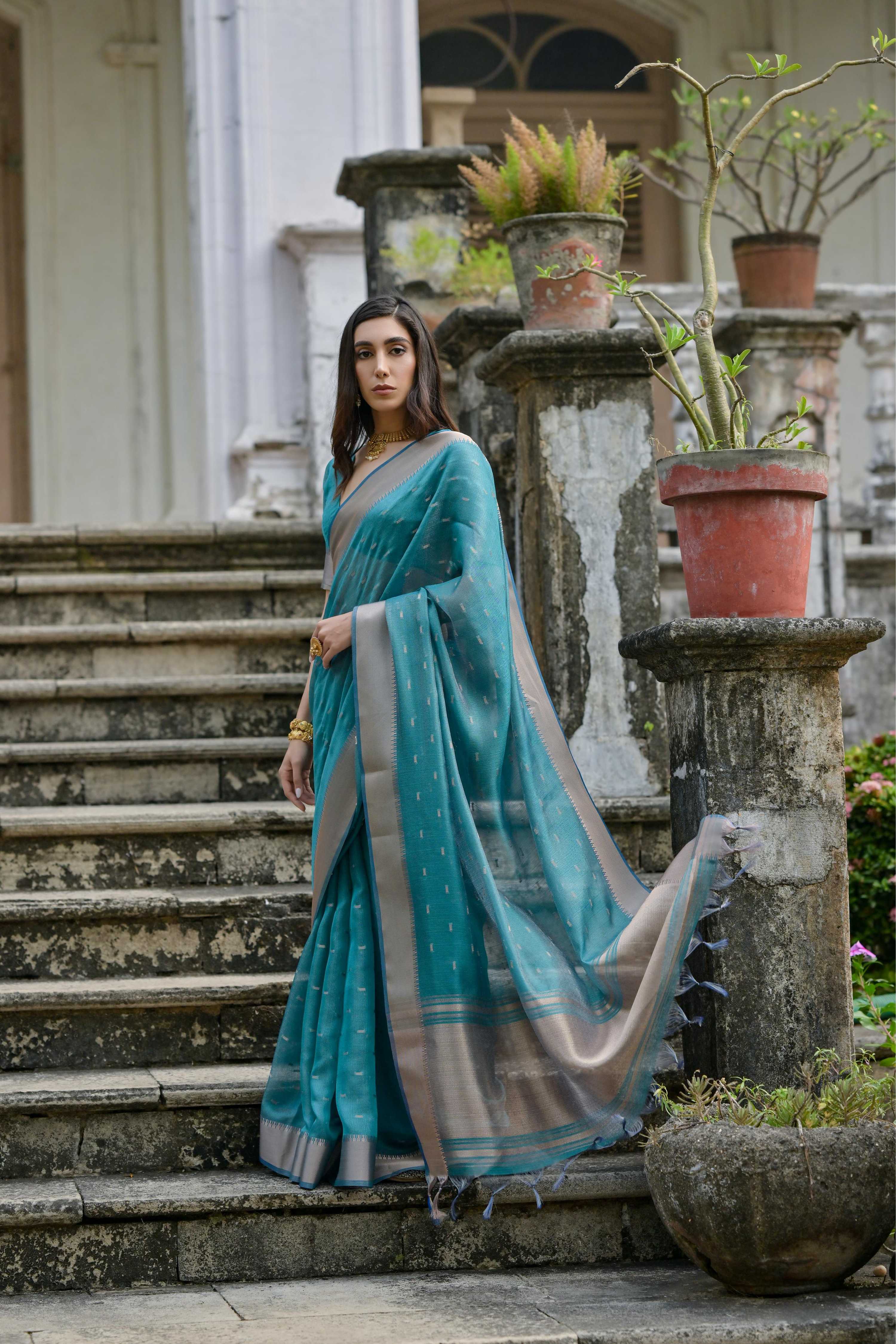 Jyoti Fashion Women's Teal Soft Kalyani Silk Zari Woven Designer Saree with Blouse