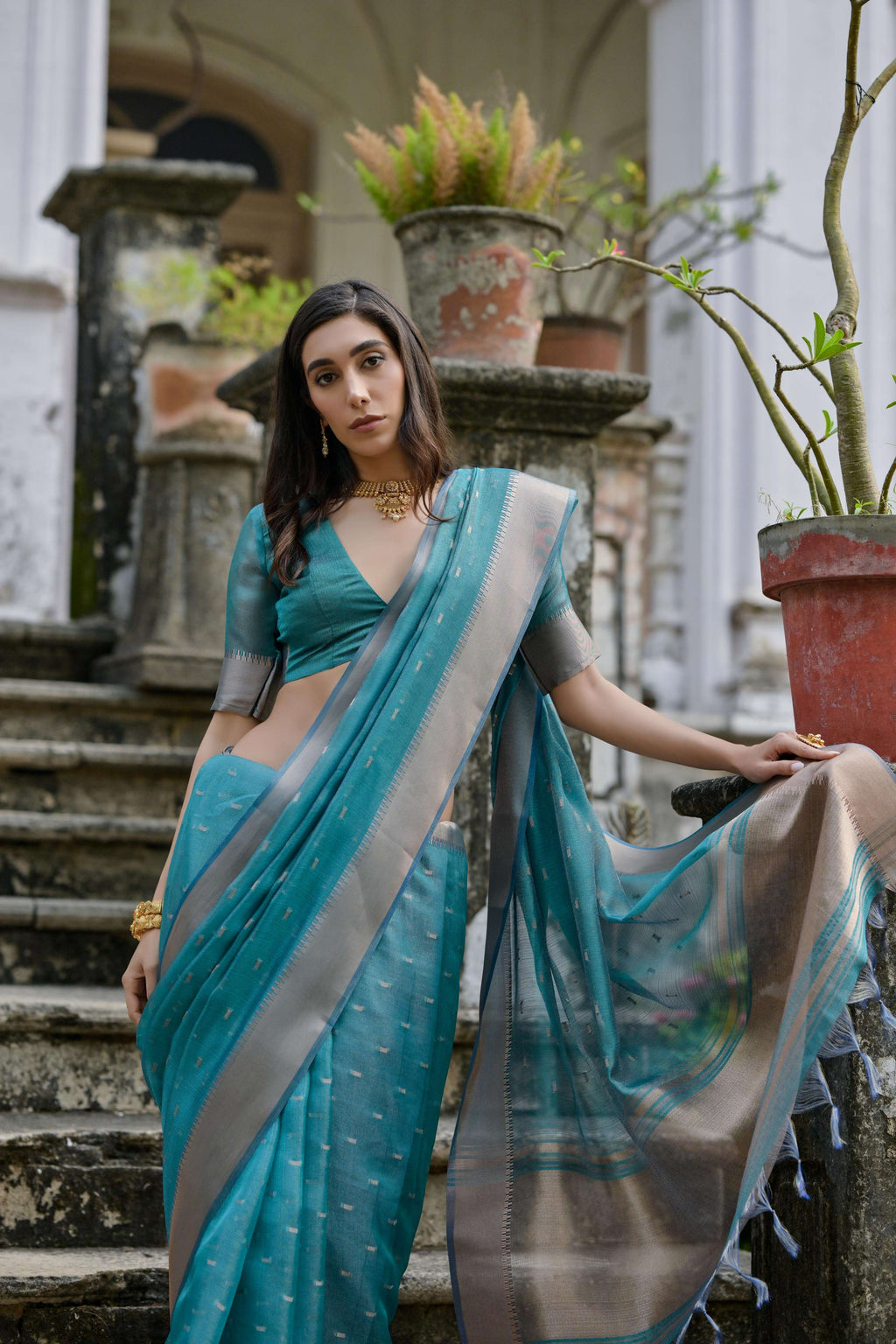Jyoti Fashion Women's Teal Soft Kalyani Silk Zari Woven Designer Saree with Blouse