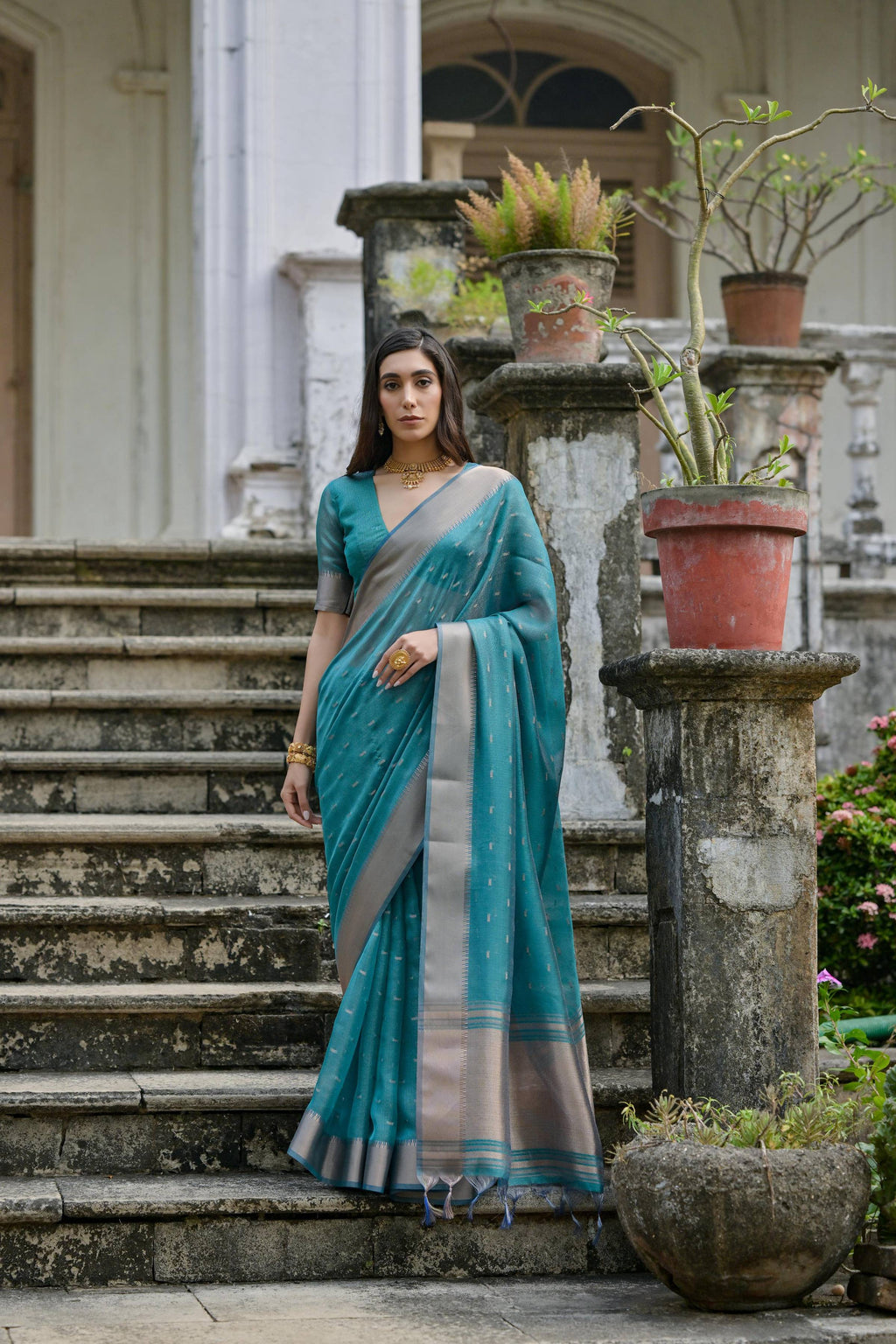 Jyoti Fashion Women's Teal Soft Kalyani Silk Zari Woven Designer Saree with Blouse