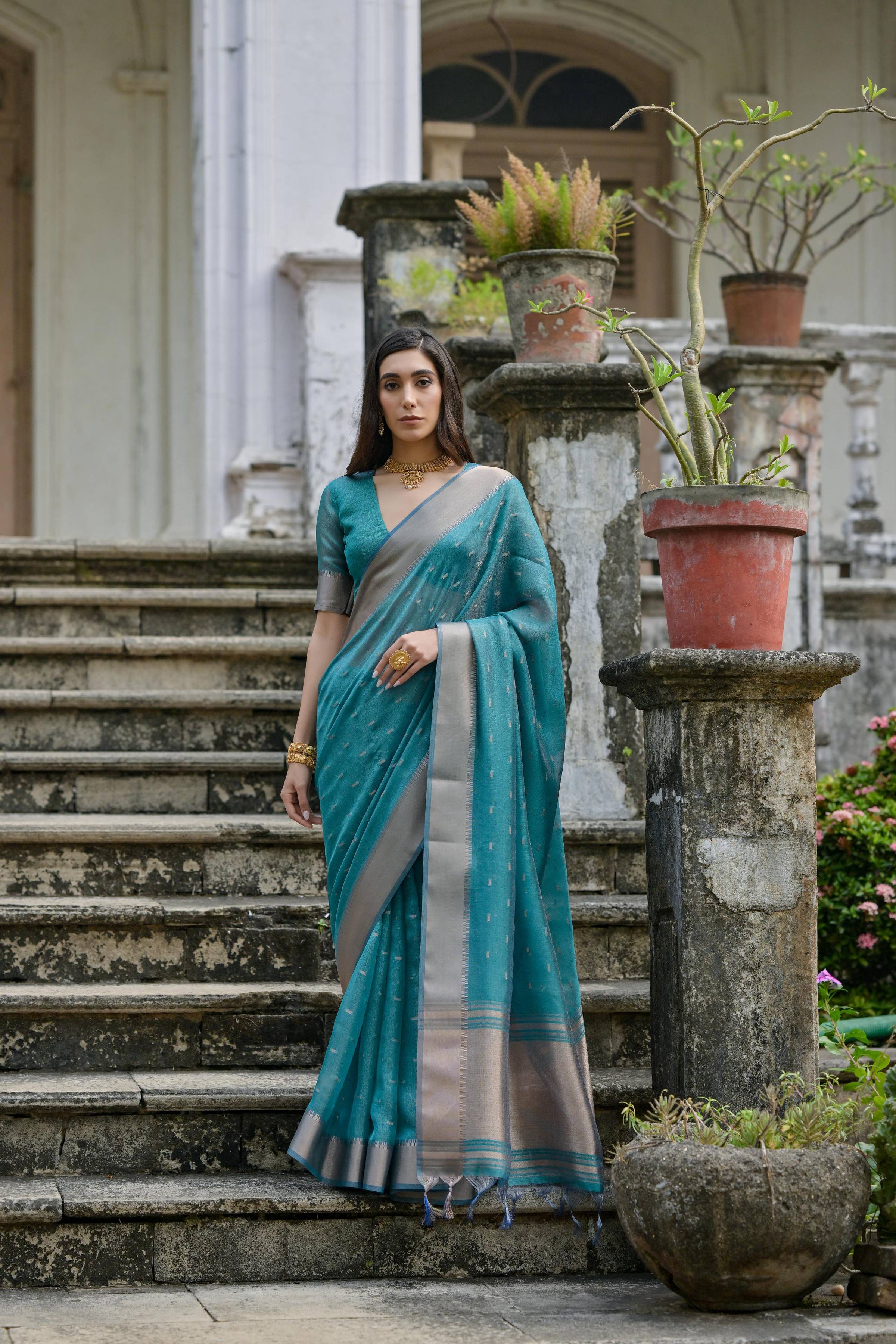 Jyoti Fashion Women's Teal Soft Kalyani Silk Zari Woven Designer Saree with Blouse
