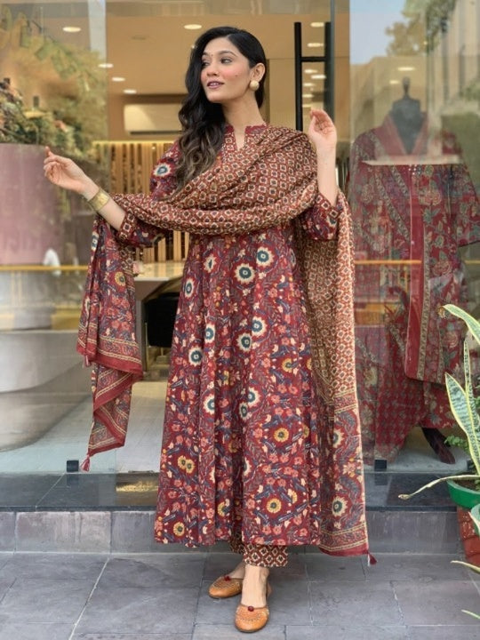 Jyoti Fashion Women's Maroon Rayon Slub Floral Printed Designer Kurta Set with Dupatta
