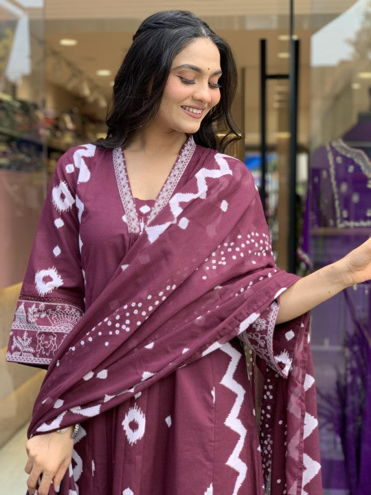Jyoti Fashion Women's Wine Rayon Slub Printed Designer Kurta Set with Dupatta