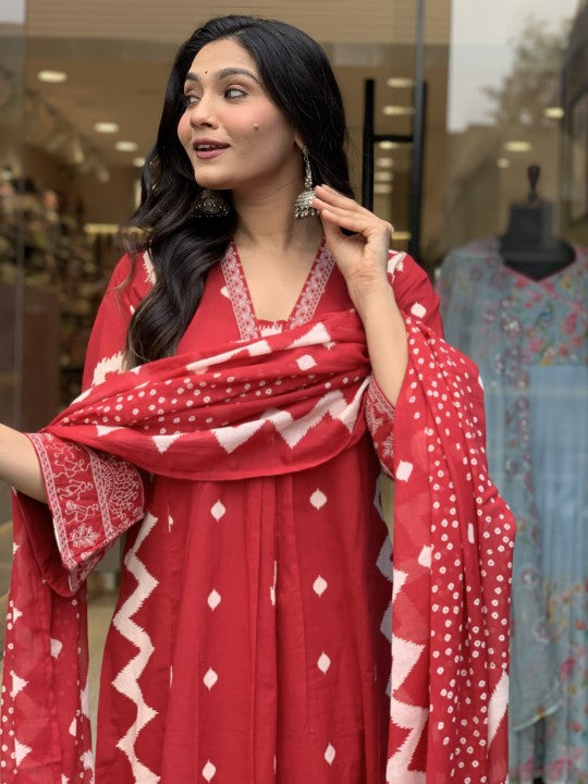 Jyoti Fashion Women's Red Rayon Slub Printed Designer Kurta Set with Dupatta