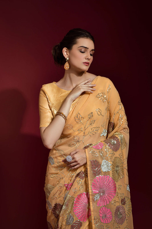 Jyoti Fashion Women's Chiku Sequence Embroidery Georgette Saree with Blouse