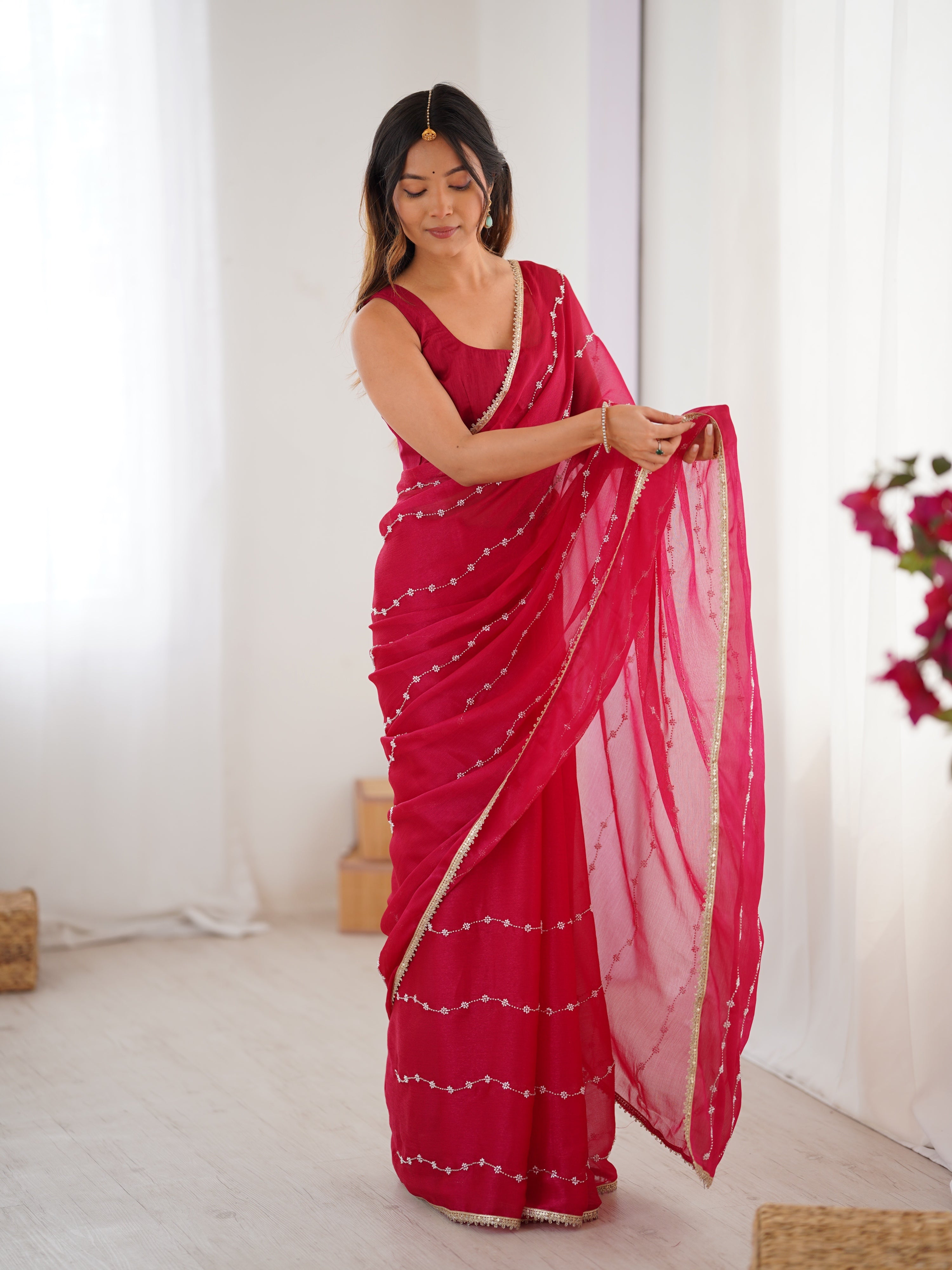 Jyoti Fashion Women's Pink Soft Sitara Embroidered Designer Saree with Blouse