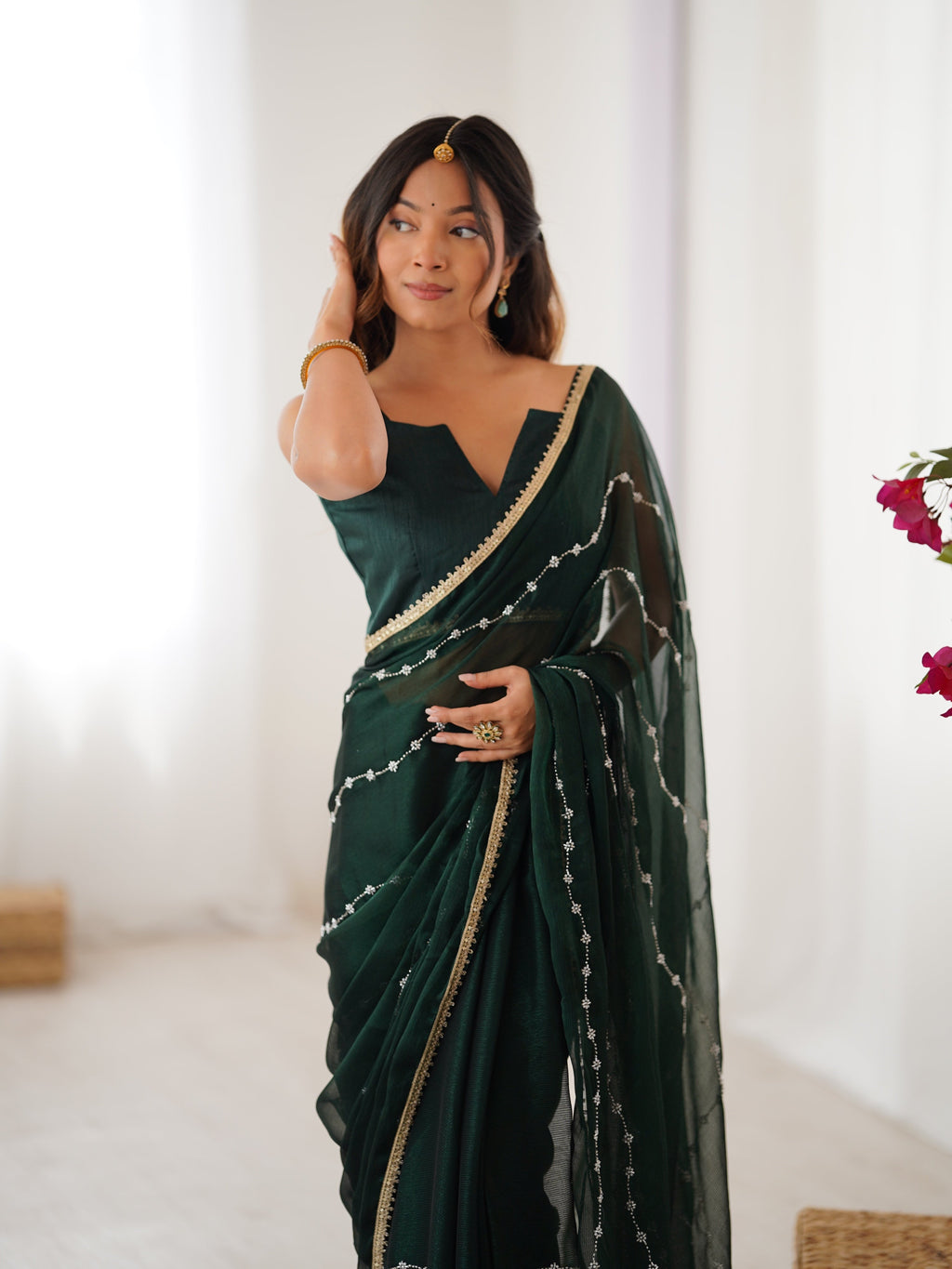 Jyoti Fashion Women's Bottle Green Soft Sitara Embroidered Designer Saree with Blouse