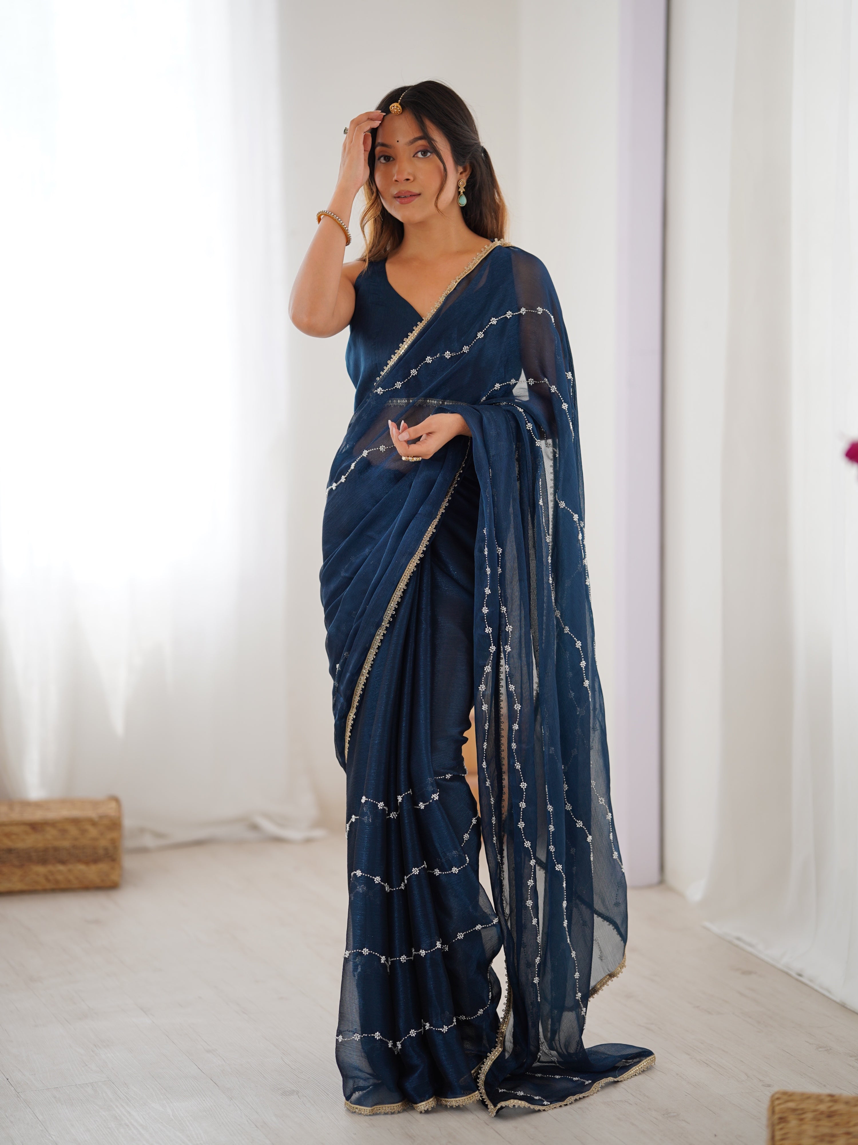 Jyoti Fashion Women's Teal Soft Sitara Embroidered Designer Saree with Blouse