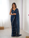 Jyoti Fashion Women's Teal Soft Sitara Embroidered Designer Saree with Blouse