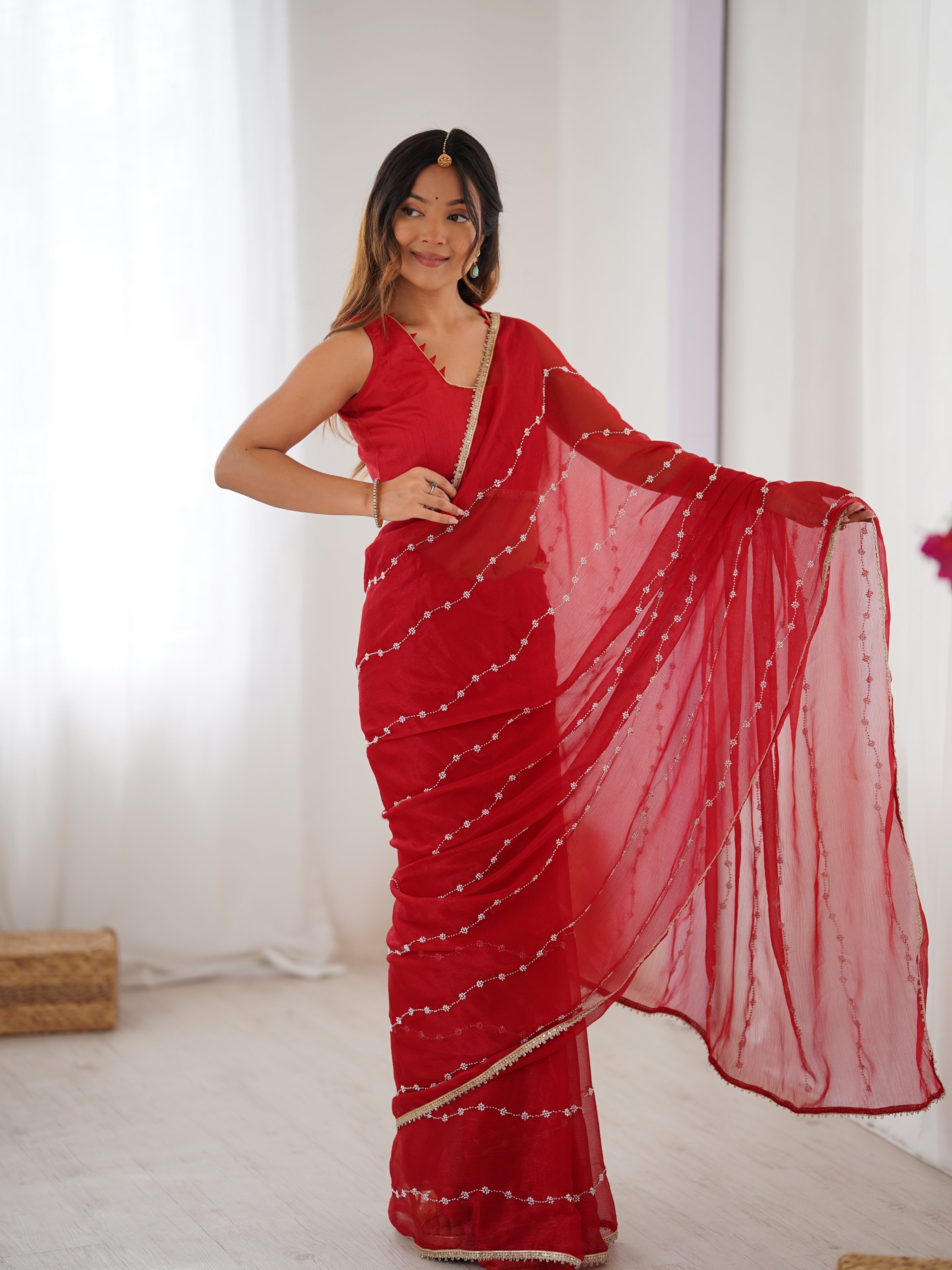 Jyoti Fashion Women's Maroon Soft Sitara Embroidered Designer Saree with Blouse