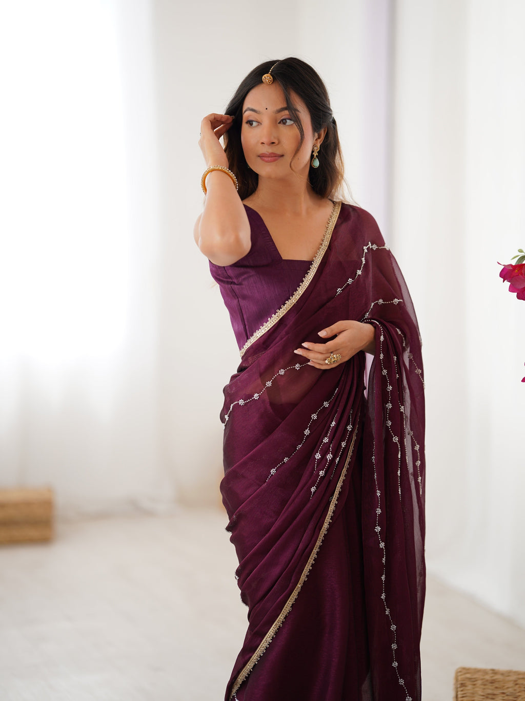 Jyoti Fashion Women's Wine Soft Sitara Embroidered Designer Saree with Blouse