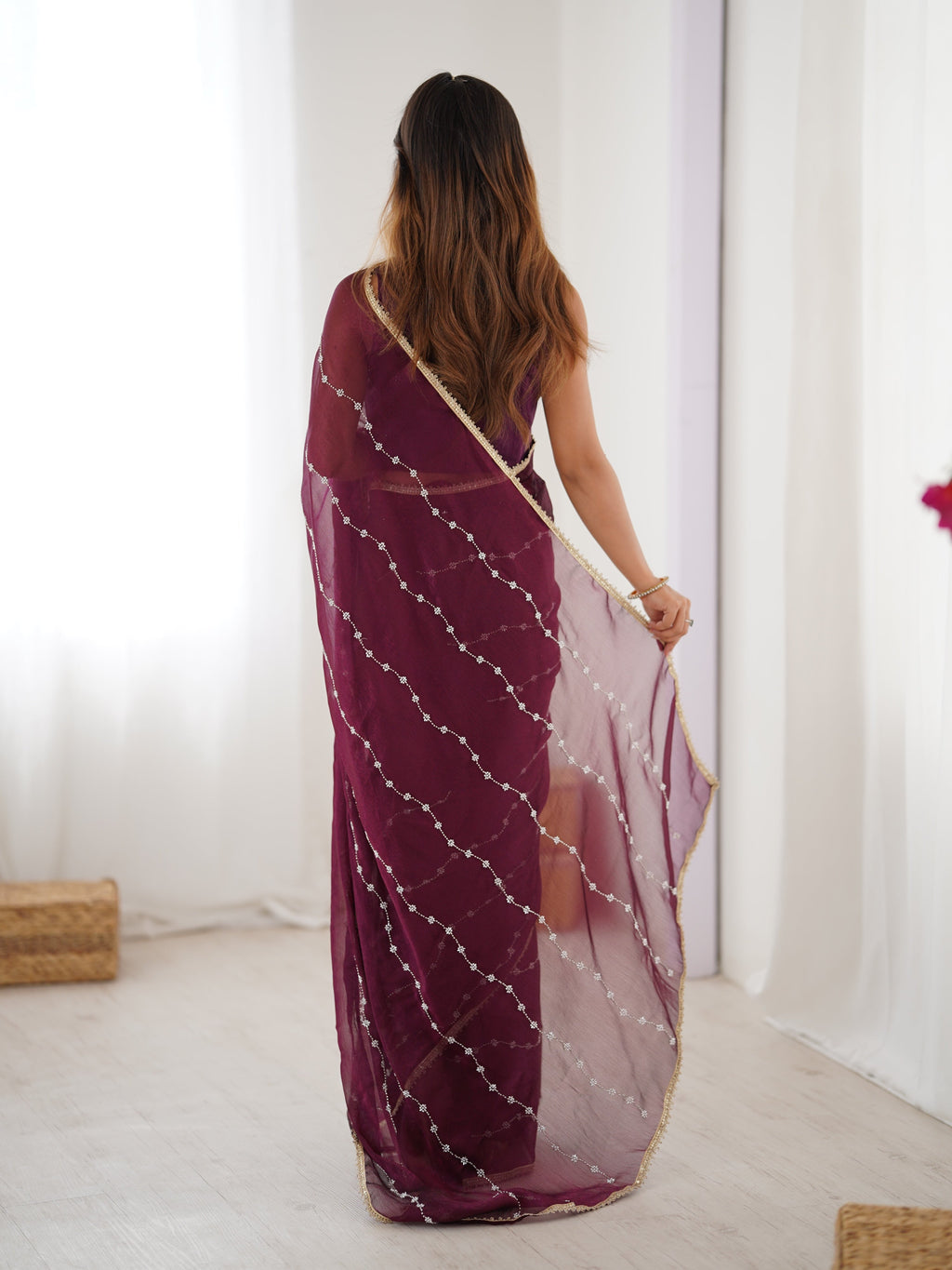 Jyoti Fashion Women's Wine Soft Sitara Embroidered Designer Saree with Blouse