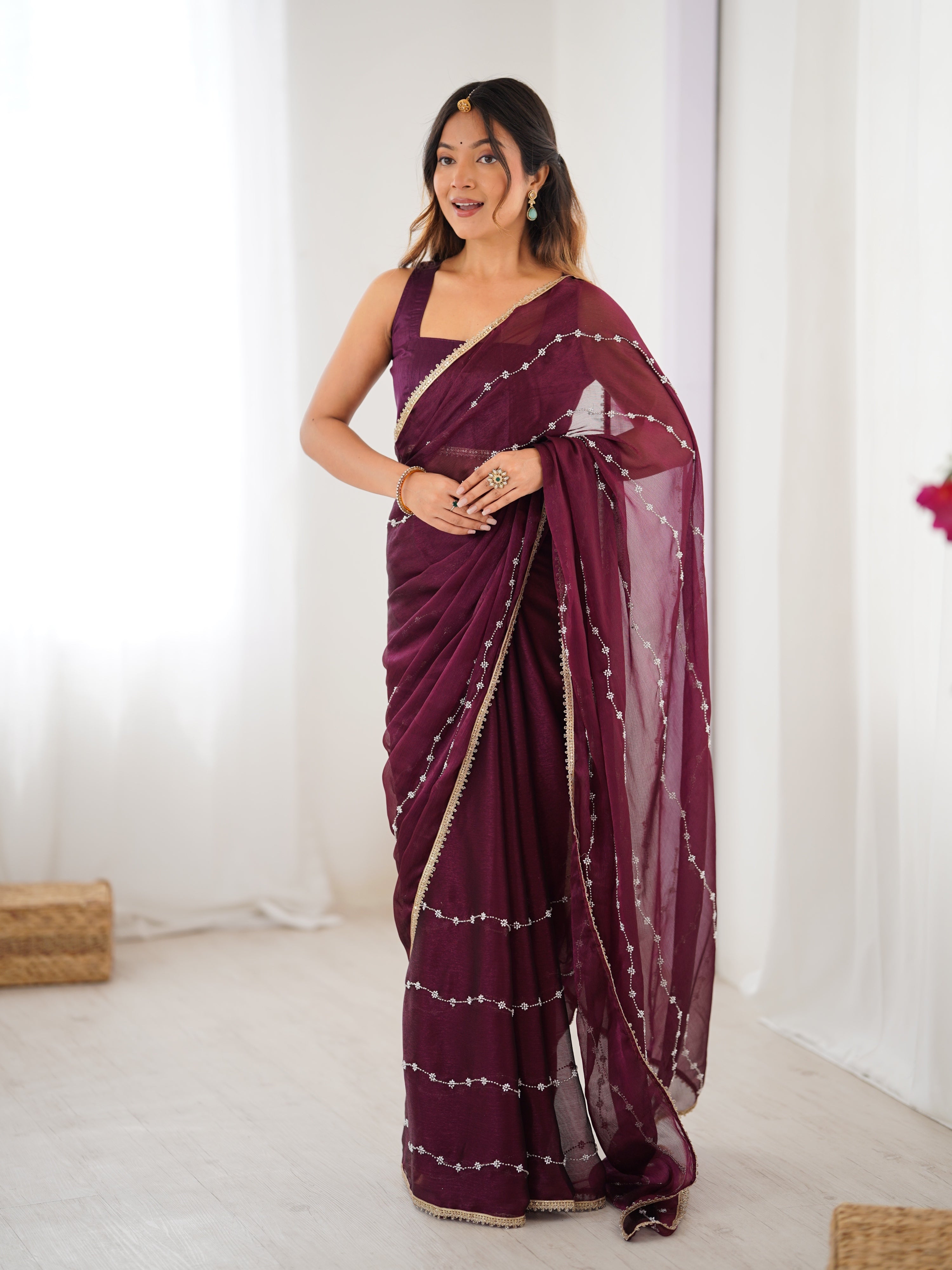 Jyoti Fashion Women's Wine Soft Sitara Embroidered Designer Saree with Blouse