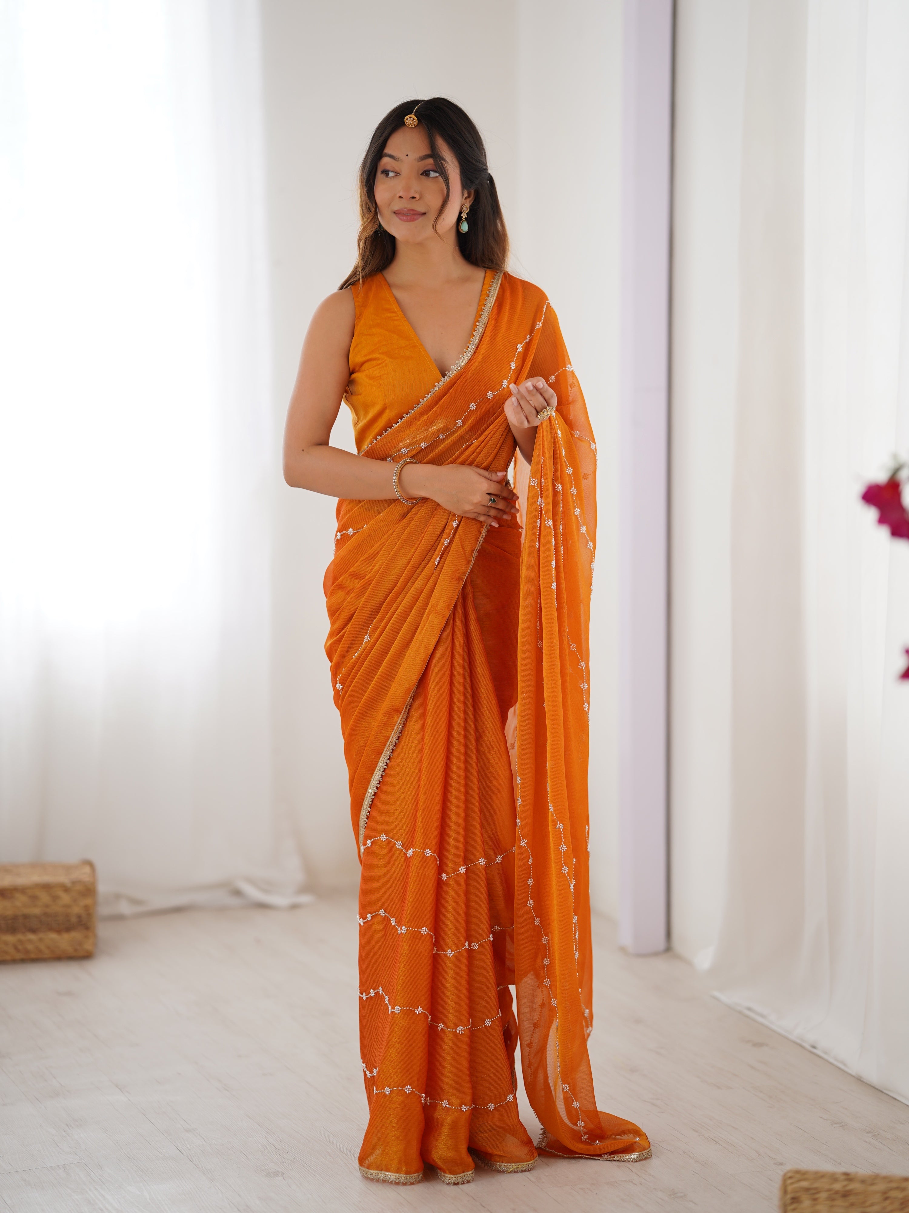 Jyoti Fashion Women's Mustard Soft Sitara Embroidered Designer Saree with Blouse