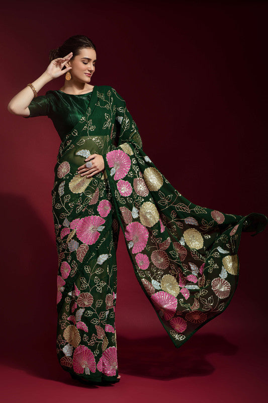 Jyoti Fashion Women's Green Sequence Embroidery Georgette Saree with Blouse