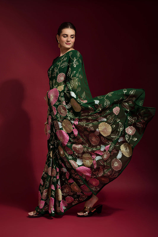 Jyoti Fashion Women's Green Sequence Embroidery Georgette Saree with Blouse