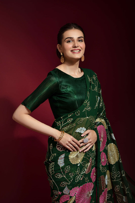 Jyoti Fashion Women's Green Sequence Embroidery Georgette Saree with Blouse