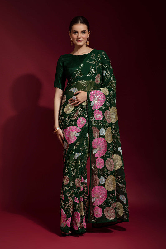 Jyoti Fashion Women's Green Sequence Embroidery Georgette Saree with Blouse