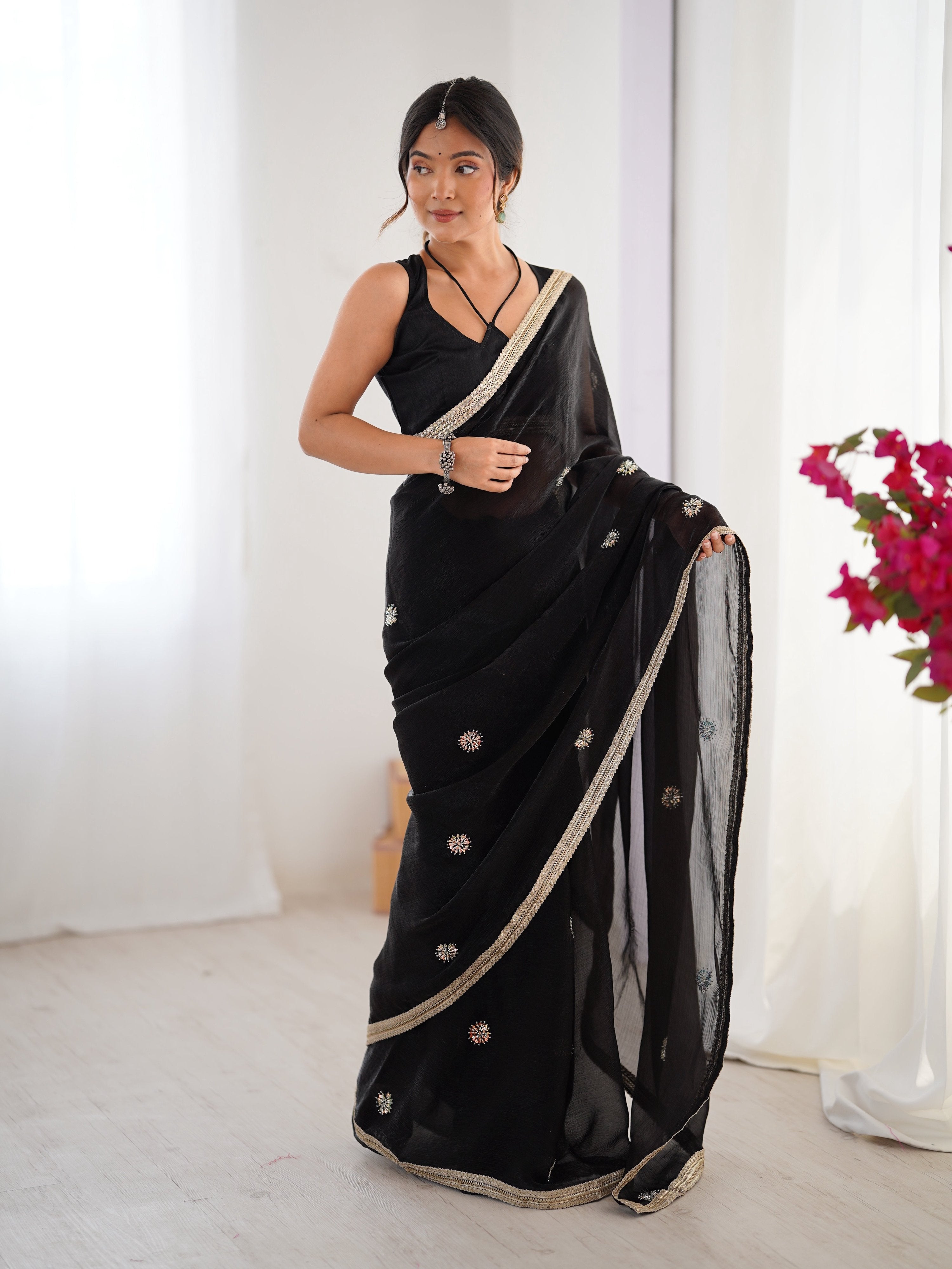 Jyoti Fashion Women's Black Fandy Silk Embroidered Designer Saree with Blouse