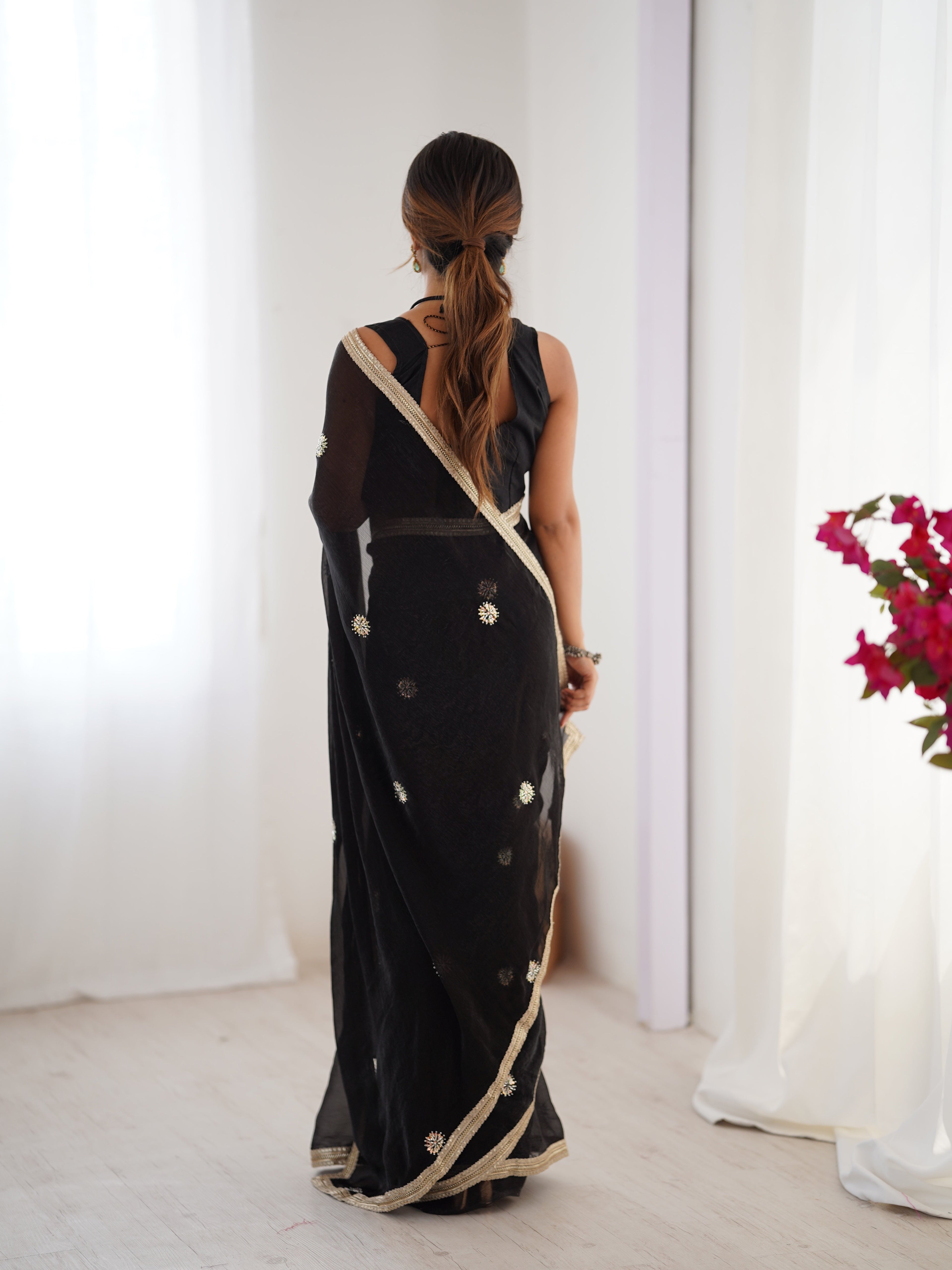 Jyoti Fashion Women's Black Fandy Silk Embroidered Designer Saree with Blouse