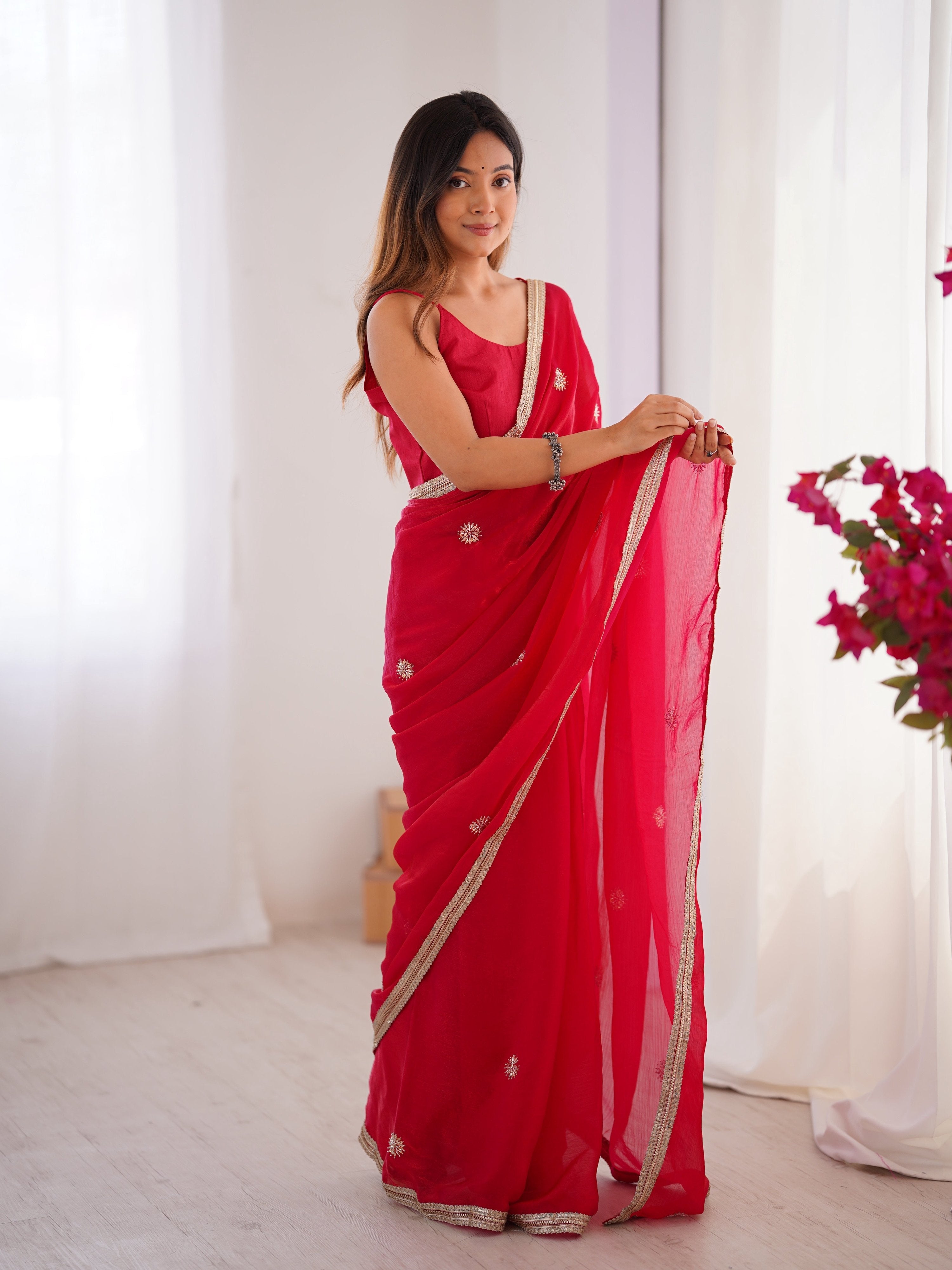 Jyoti Fashion Women's Pink Fandy Silk Embroidered Designer Saree with Blouse