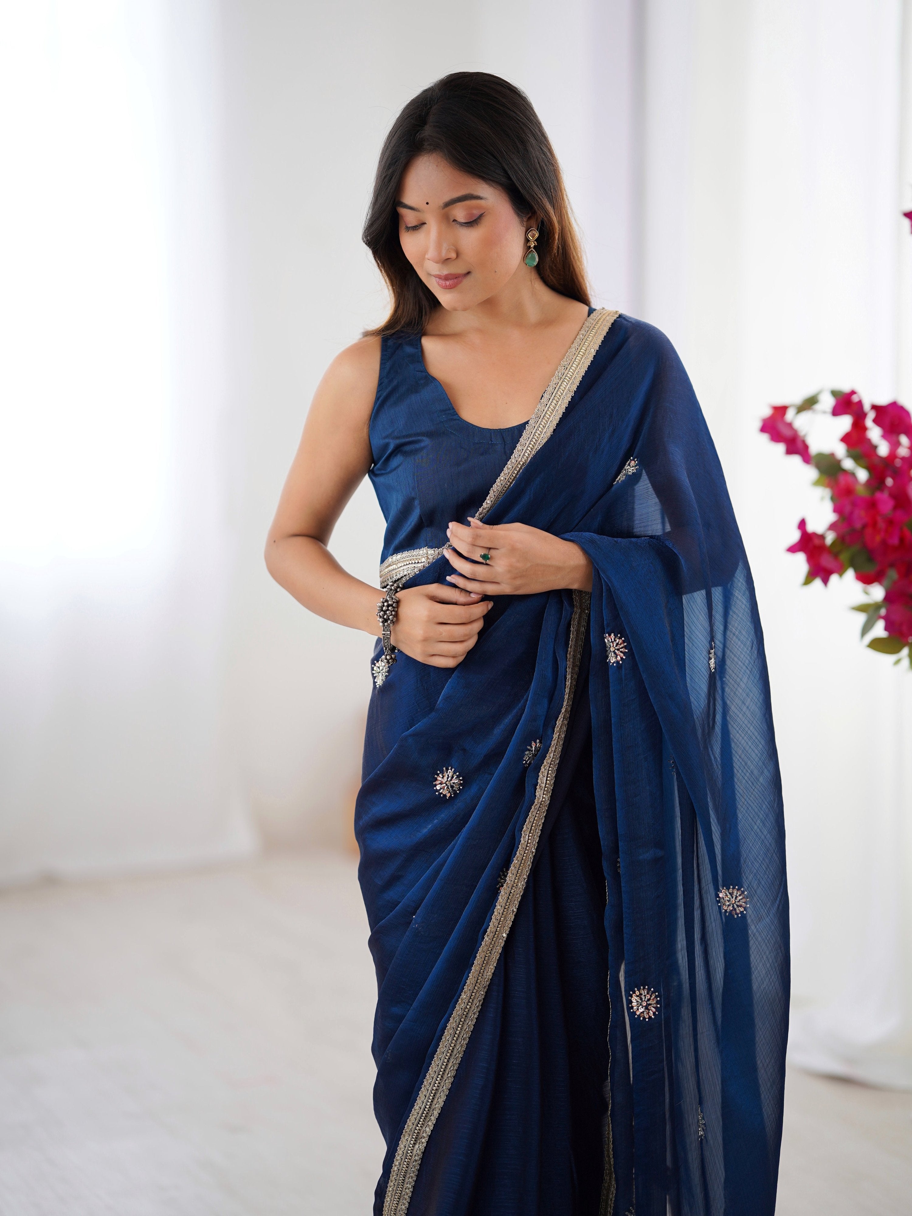 Jyoti Fashion Women's Teal Fandy Silk Embroidered Designer Saree with Blouse