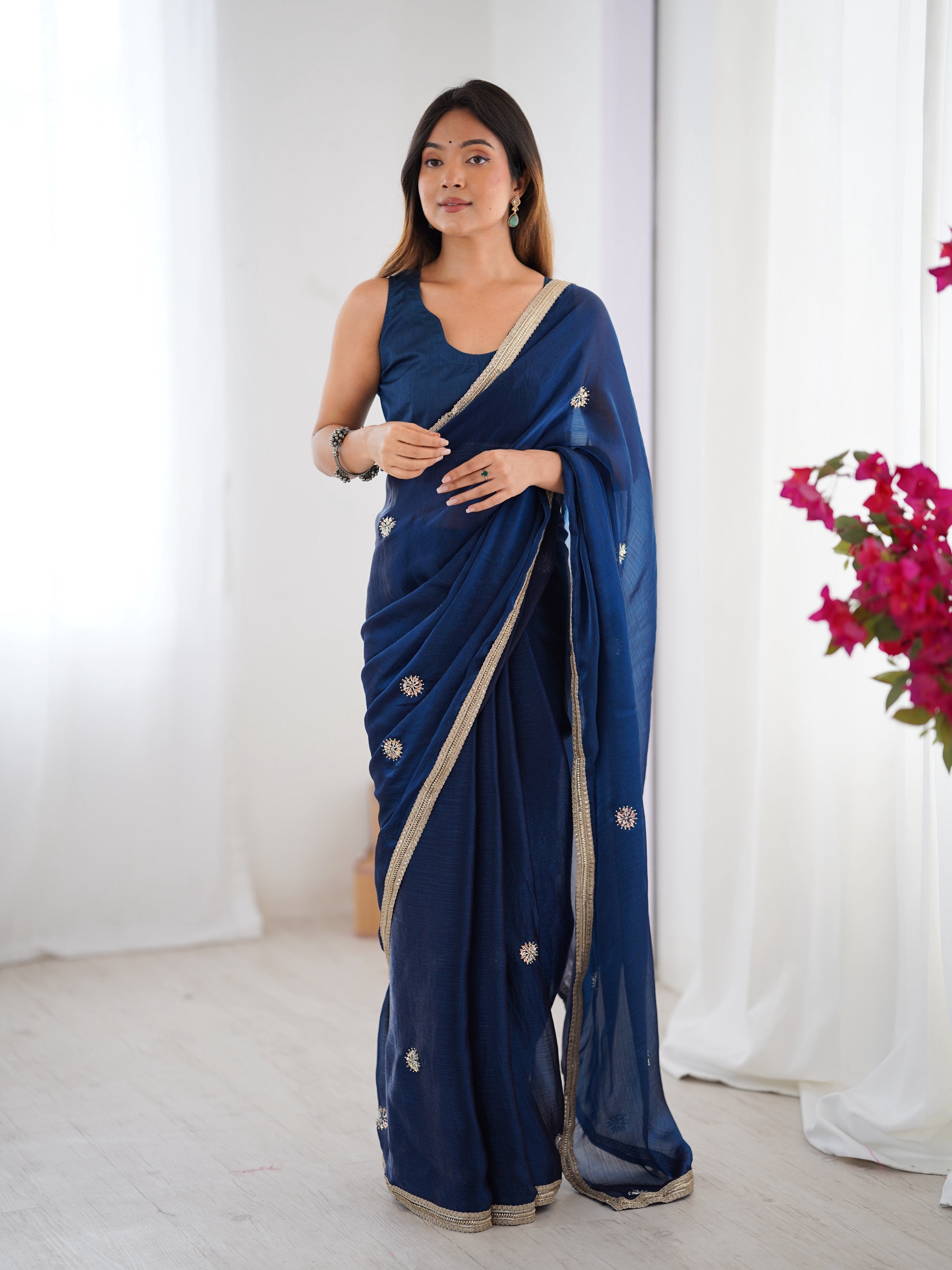 Jyoti Fashion Women's Teal Fandy Silk Embroidered Designer Saree with Blouse