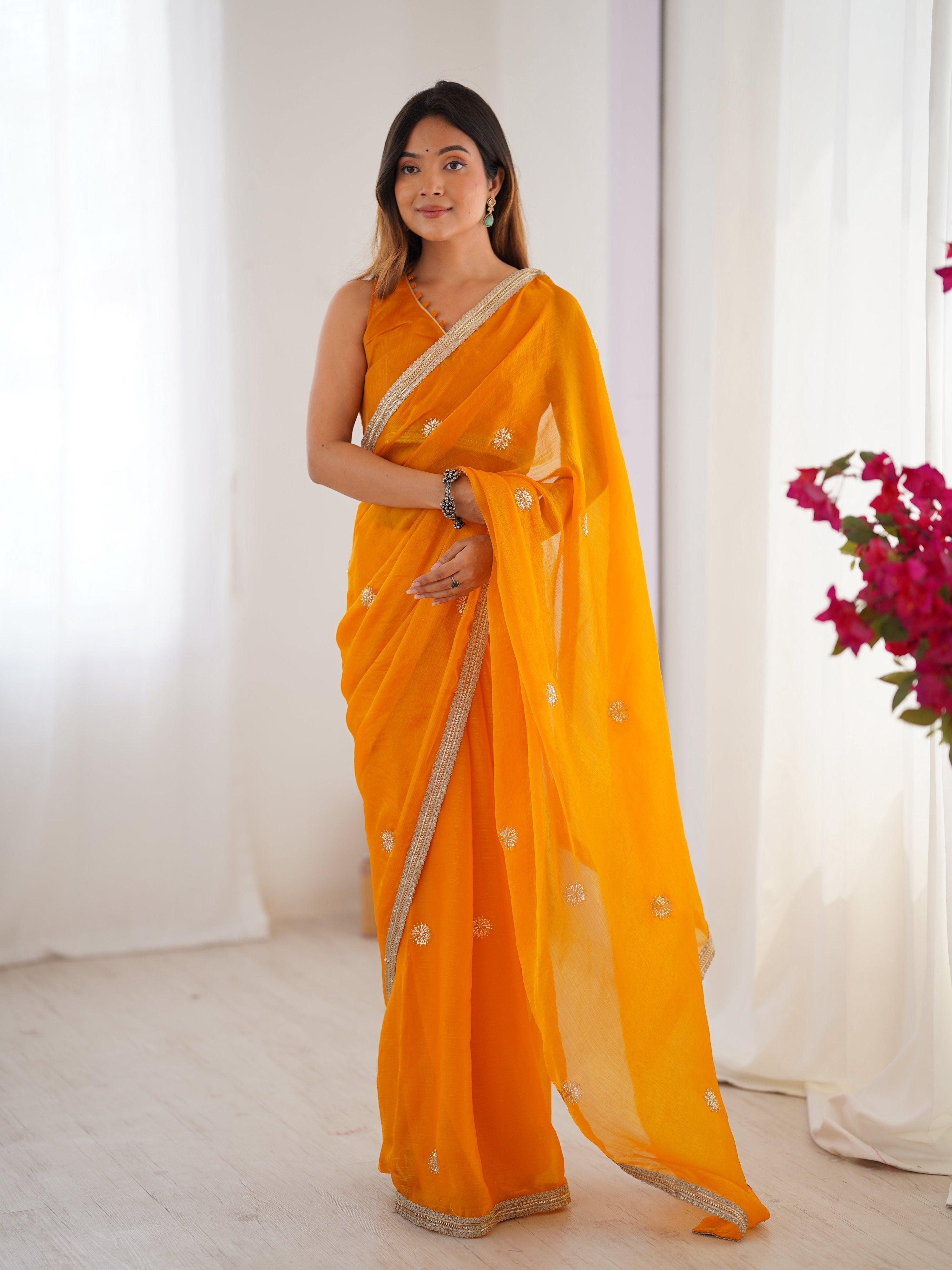 Jyoti Fashion Women's Yellow Fandy Silk Embroidered Designer Saree with Blouse