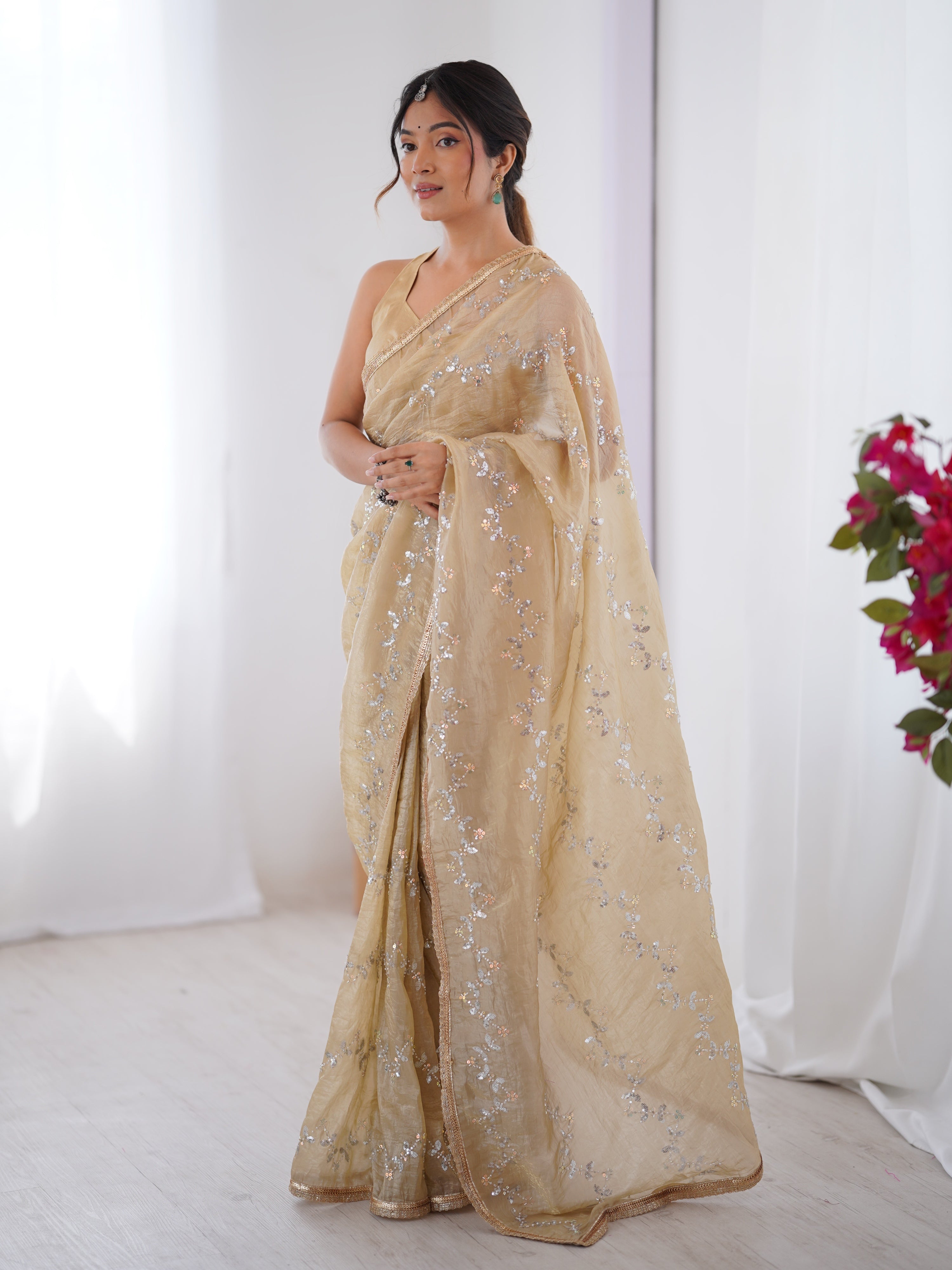 Jyoti Fashion Women's Beige Soft Gold Crush Embroidered Designer Saree with Blouse