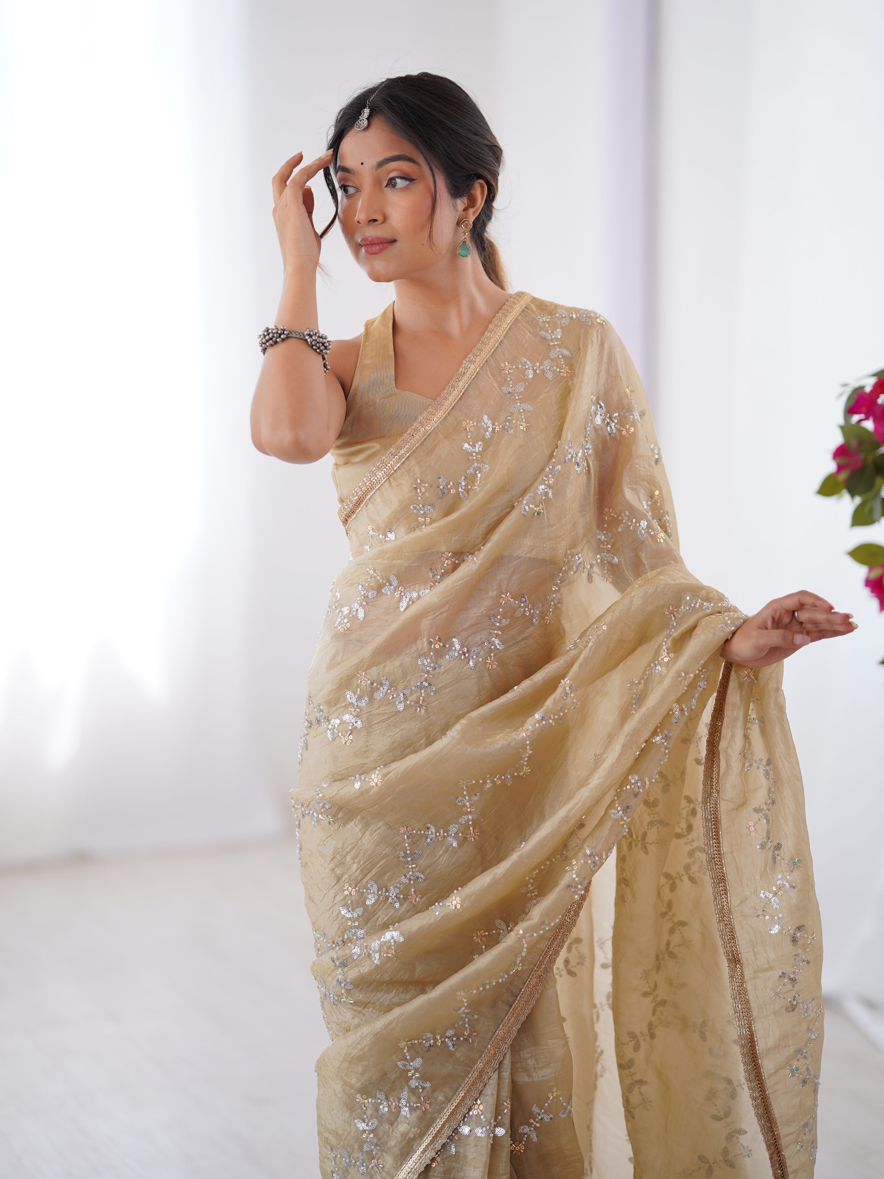 Jyoti Fashion Women's Beige Soft Gold Crush Embroidered Designer Saree with Blouse