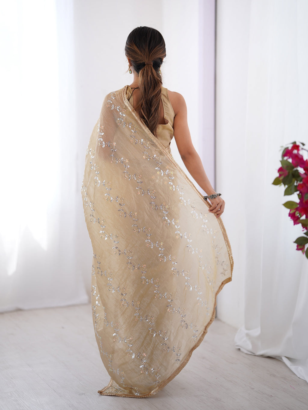 Jyoti Fashion Women's Beige Soft Gold Crush Embroidered Designer Saree with Blouse